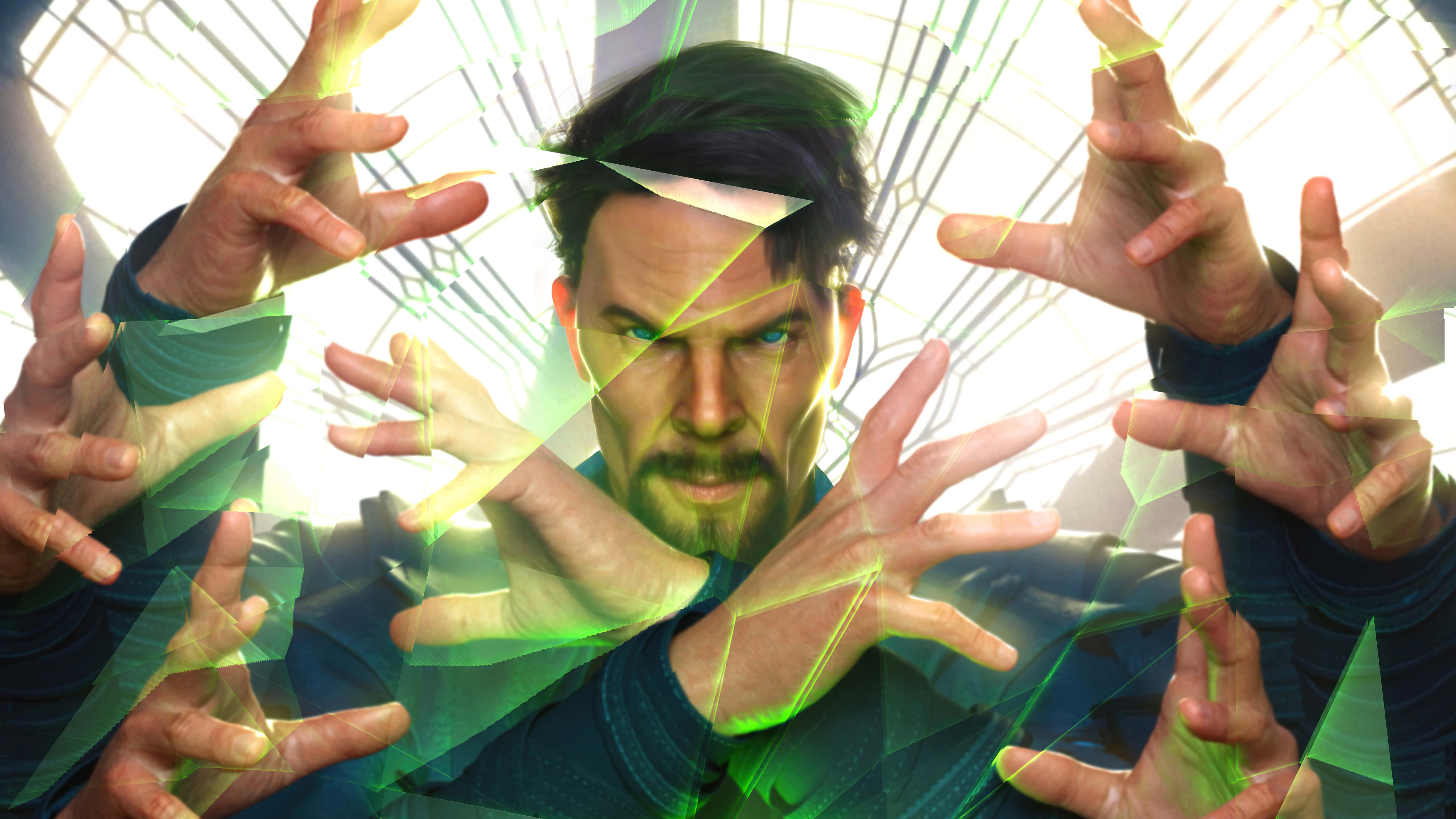 Doctor Strange Multiverse Of Madness 桌布 壁紙 — 一個男人雙手噴發出發光的綠色能量碎片，背景是明亮的幾何圖案。