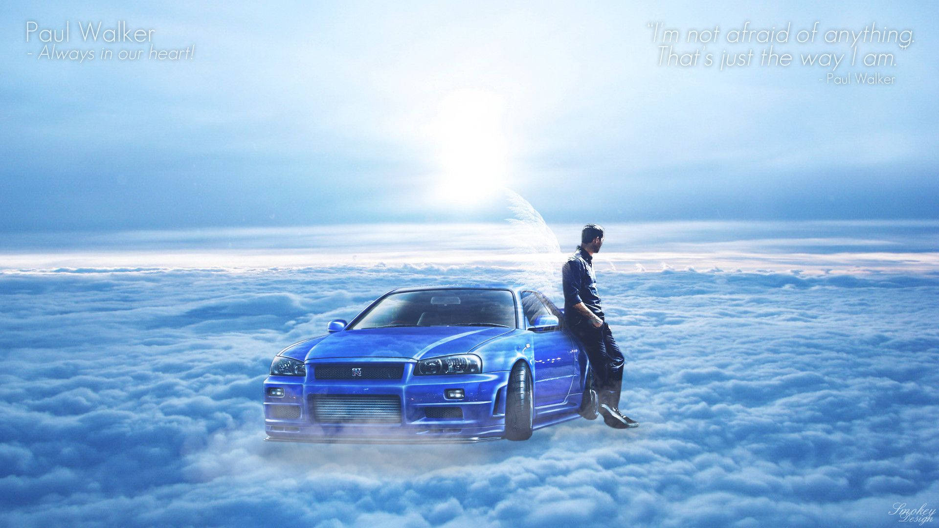 Paul Walker 桌布 壁紙 — 一個男人靠在一輛藍色跑車上，漂浮在無盡的雲層之上，陽光燦爛。
