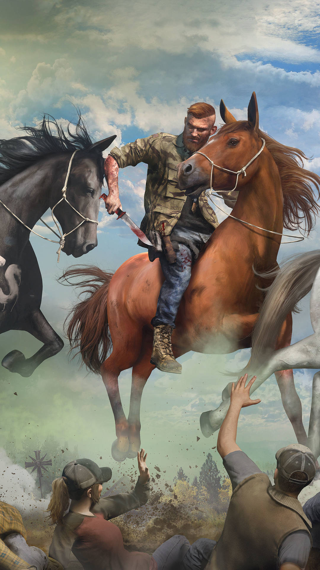 far cry 5 iPhone 桌布 壁紙 — 一個男人騎在一匹跳起的棕色馬上，揮舞著一把刀，周圍有其他馬和下面的人，形成一個混亂的戶外場景。