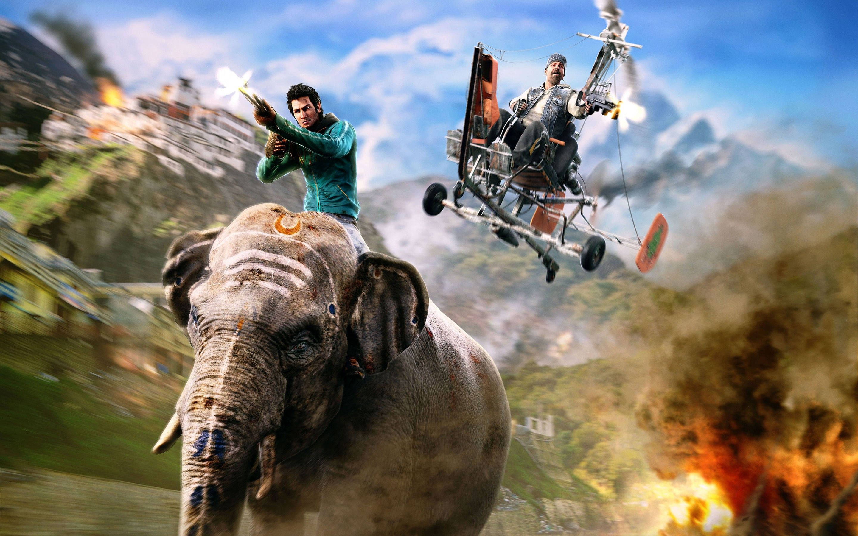 Far Cry 4 桌布 壁紙 — 一個男人騎著大象，而另一個男人駕駛著臨時直升機飛越有爆炸的山地戰場。