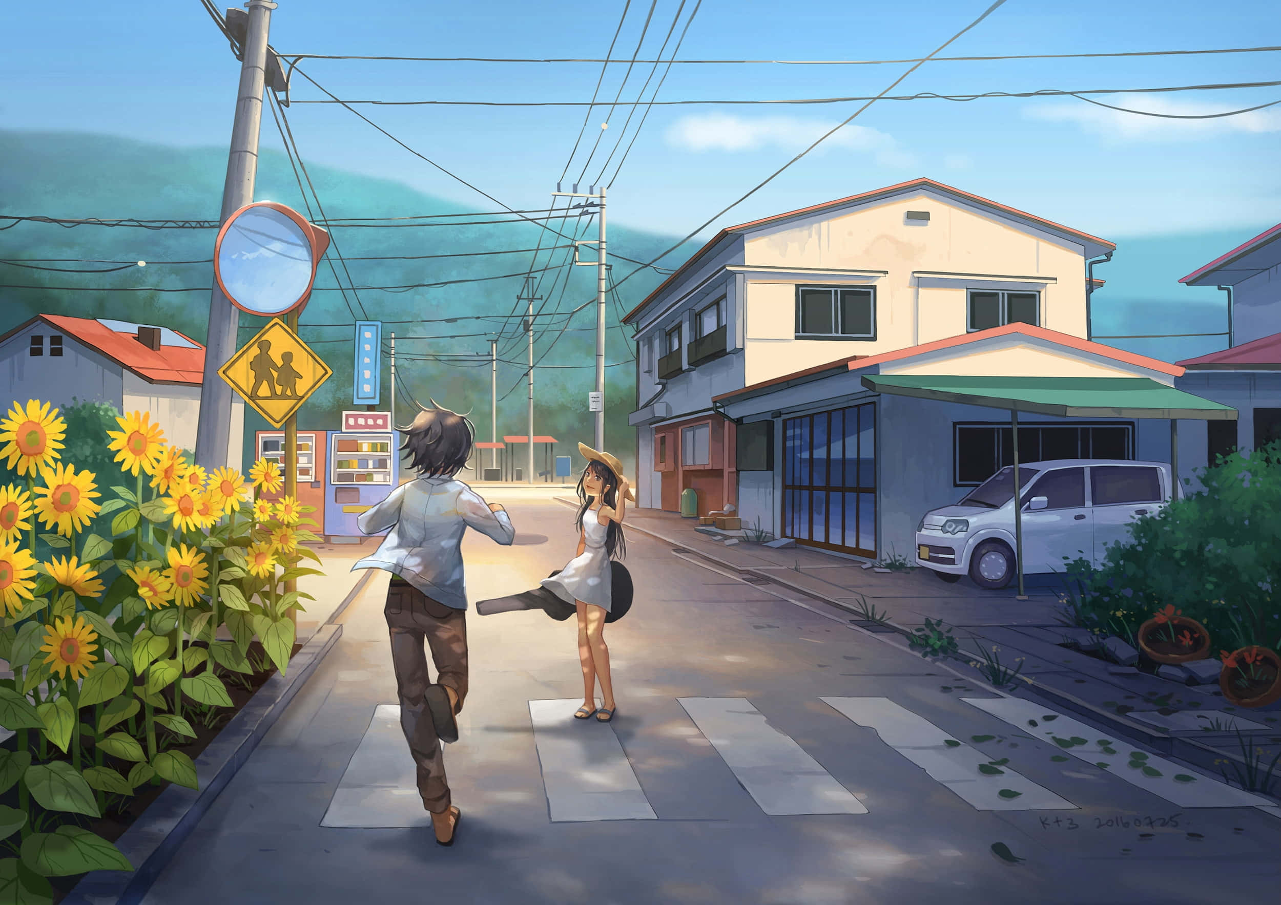 Sunflowers 桌布 壁紙 — 一個男孩和一個女孩在晴朗的藍天下跑過街道，穿過向日葵和房屋，向對方跑去。