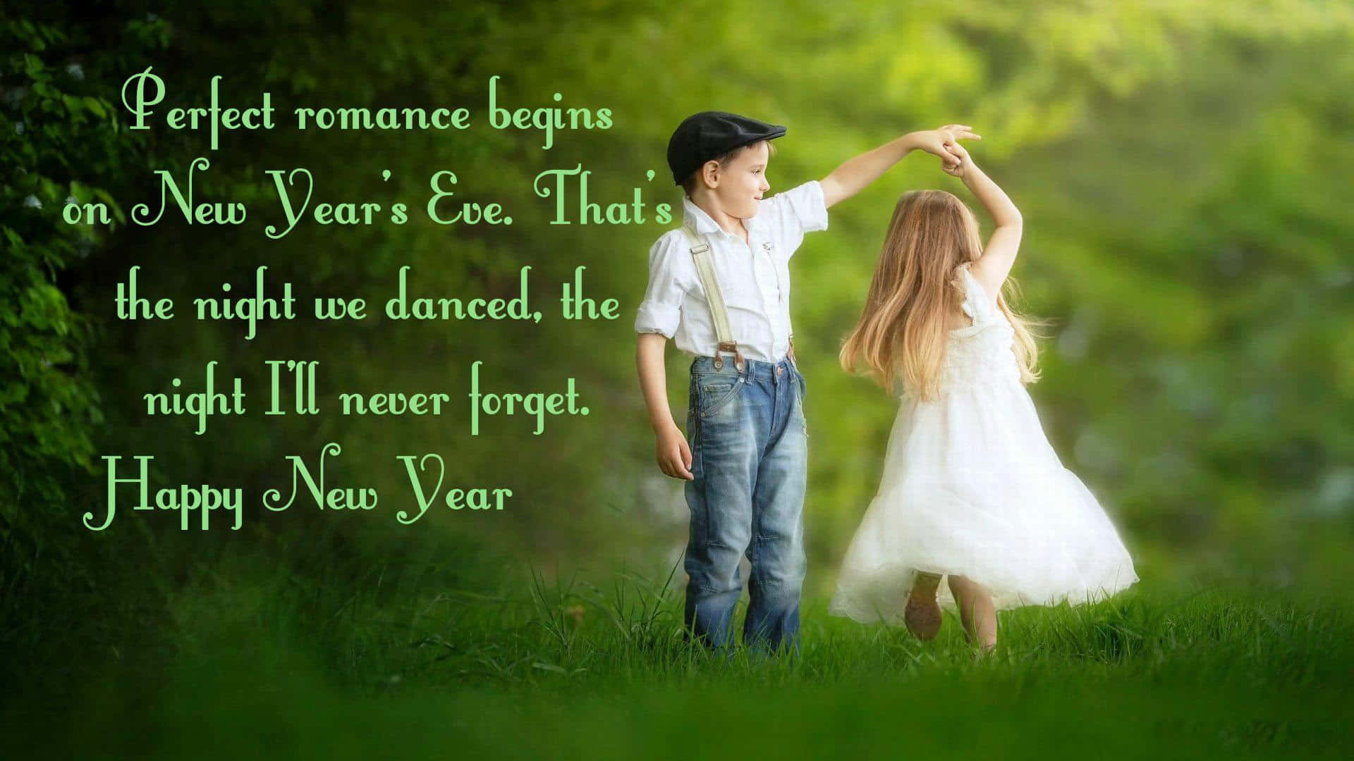 Love Quotes 桌布 壁紙 — 一個男孩和一個女孩在陽光明媚的草地上跳舞，帶有浪漫的文字疊加。