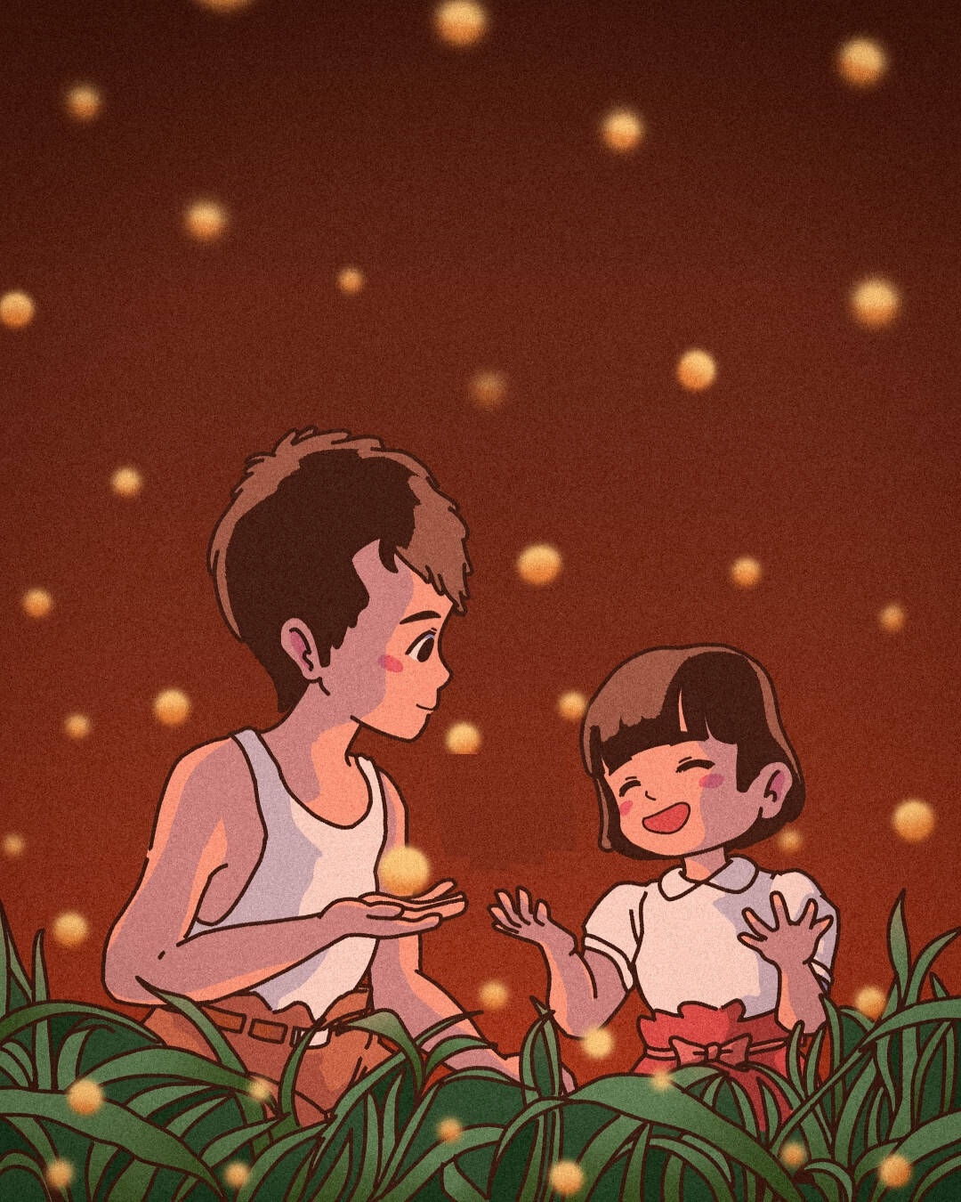 Grave 桌布 壁紙 — 一個男孩和一個女孩坐在高高的草地上，天空溫暖發光，充滿漂浮的螢火蟲。