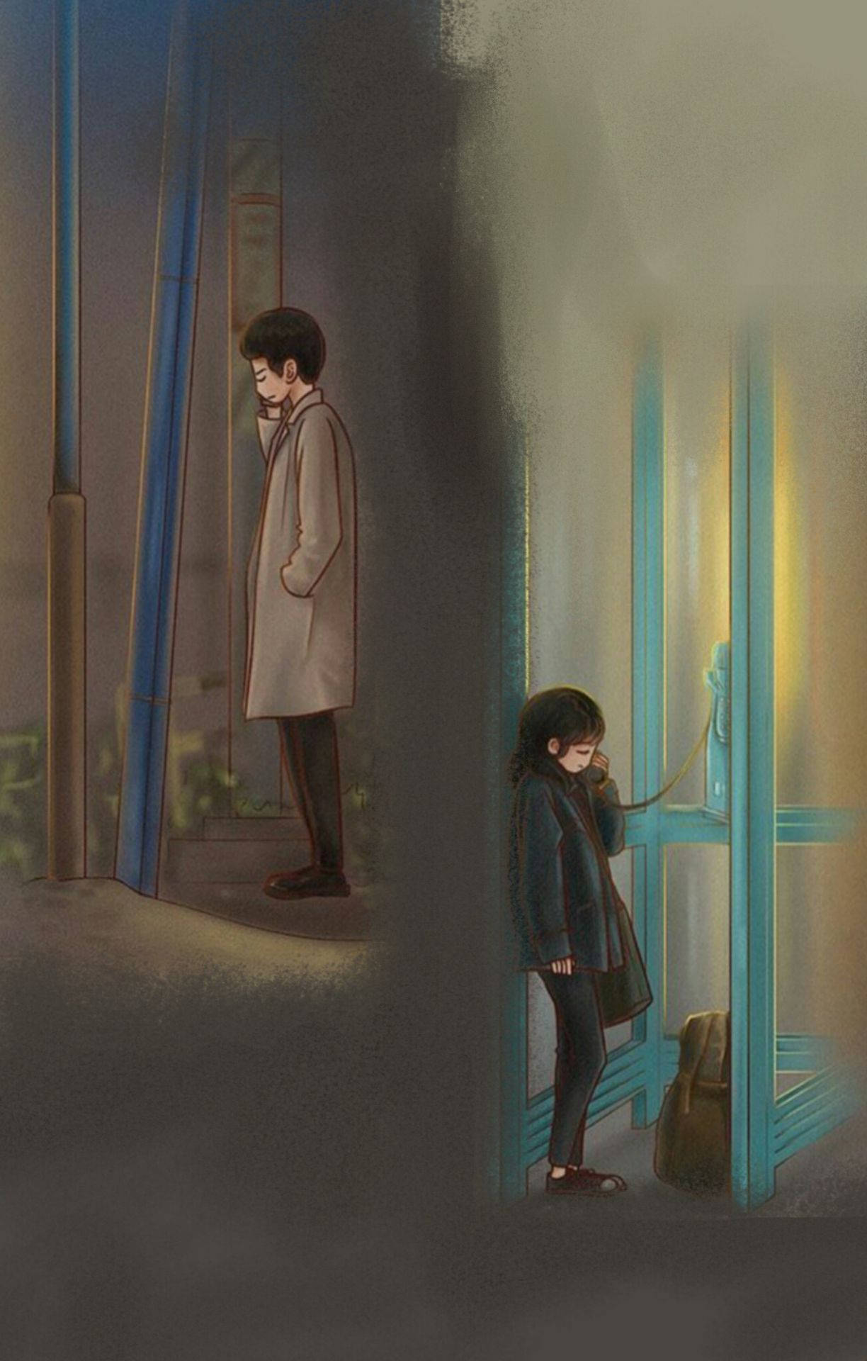 Relationship 桌布 壁紙 — 一個男孩和一個女孩夜晚站在昏暗的小巷中，被一個發光的藍色電話亭分隔，營造出安靜憂鬱的氛圍。