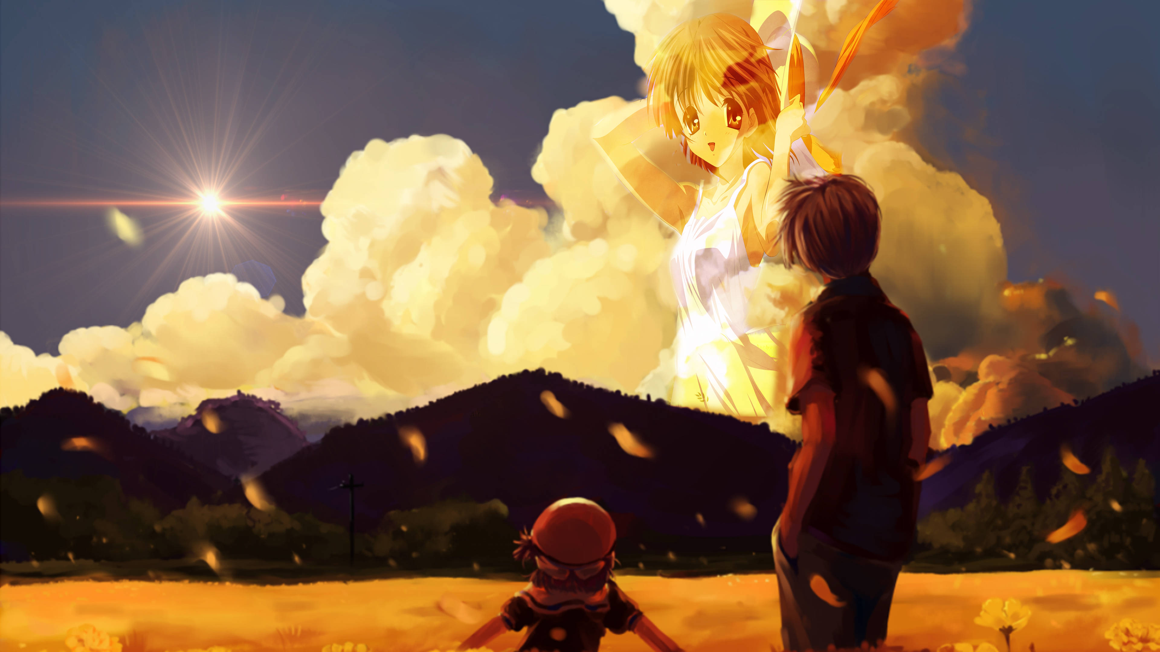 Clannad 桌布 壁紙 — 一個男孩和一個女孩站在金色的田野中，看著一個發光的動漫女孩從雲層中出現，陽光明媚。