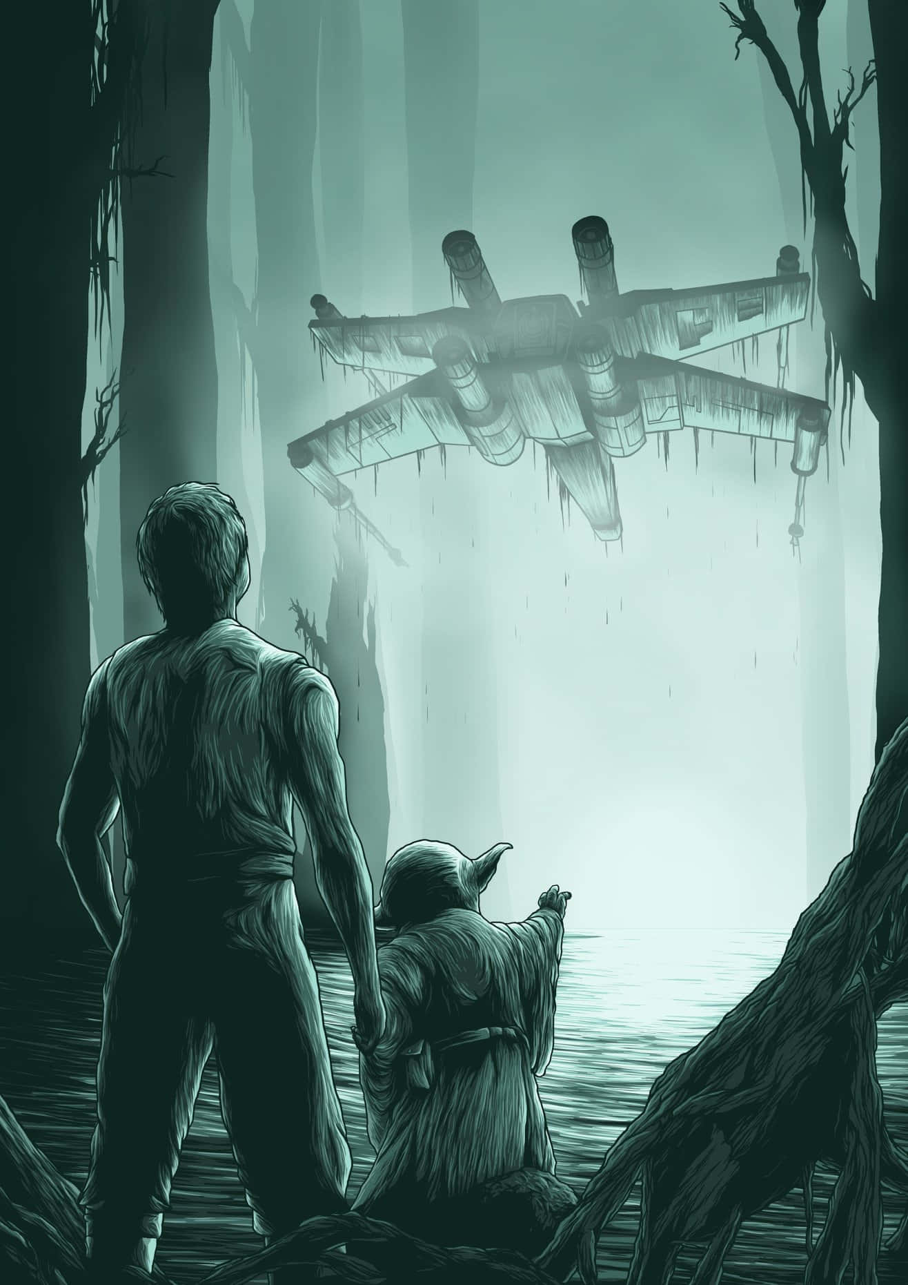 Dagobah 桌布 壁紙 — 一個男孩和一個小生物抬頭凝視著懸掛在霧氣瀰漫的森林峽谷中的墜毀太空船。