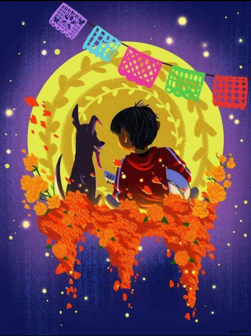 Animated 桌布 壁紙 — 一個男孩和他的狗坐在萬壽菊上，在一個裝飾著彩色 papel picado 的發光月亮下，背景是繁星點點的夜空。