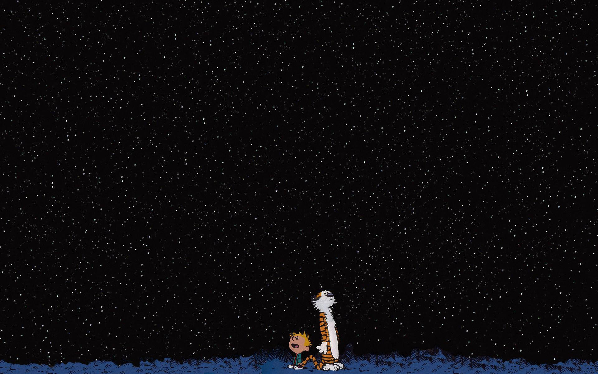 Cartoon 桌布 壁紙 — 一個男孩和他的老虎在雪地上仰望廣闊的星空夜空，充滿驚奇。