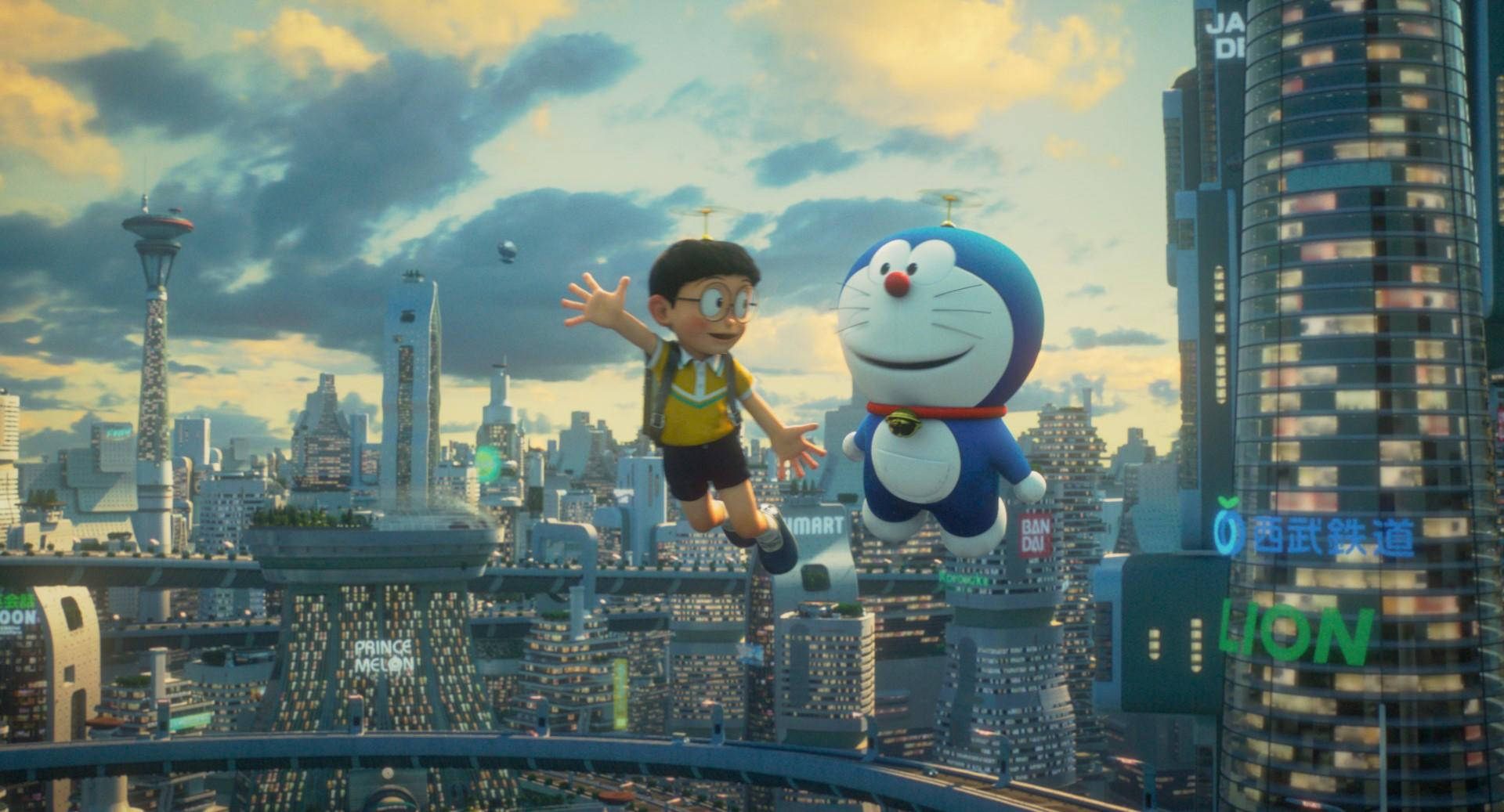 Doraemon And Nobita 桌布 壁紙 — 一個男孩和藍色機器貓在黃金時段快樂地飛翔在未來主義的東京天際線之上。