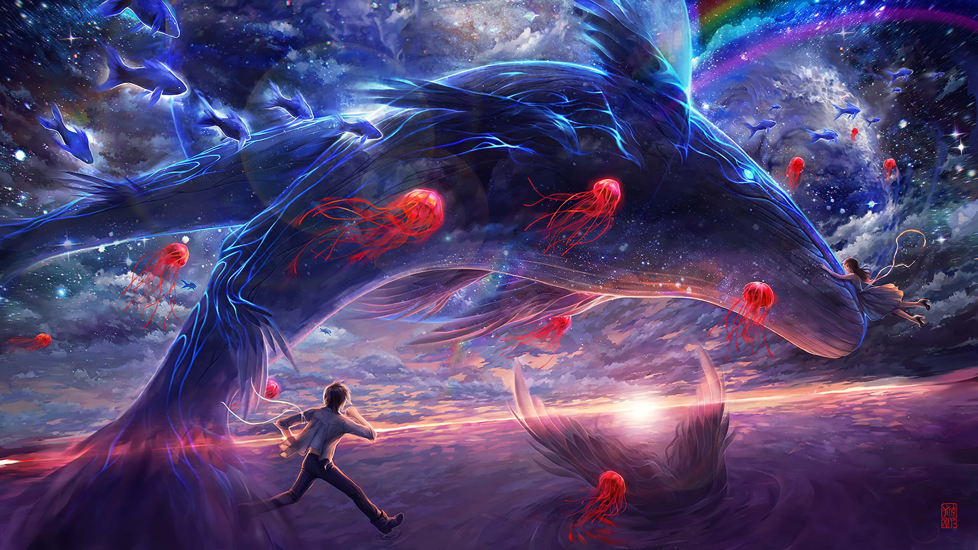 夢幻 桌布 壁紙 — 一個男孩在星空和彩虹下奔跑穿越宇宙海洋，被一隻巨大的發光藍鯨和紅色水母追趕。