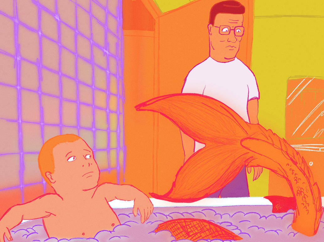 Bobby Hill 桌布 壁紙 — 一個男孩在浴缸裡，有一條大橙色魚尾的卡通插圖，而一個戴眼鏡的男人從後面觀看。