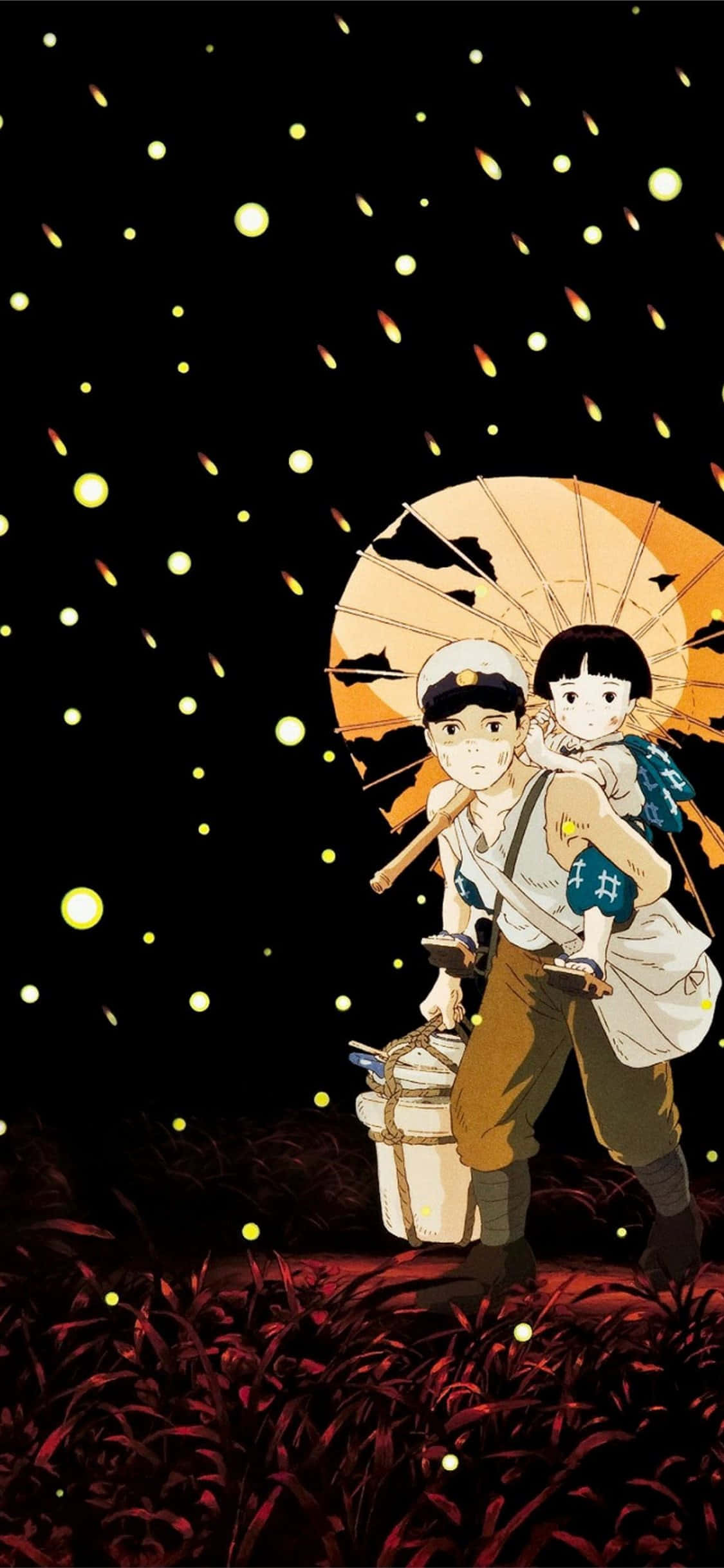 Studio Ghibli Phone 桌布 壁紙 — 一個男孩在發光的紙傘下抱著一個女孩，穿過夜晚螢火蟲的田野。