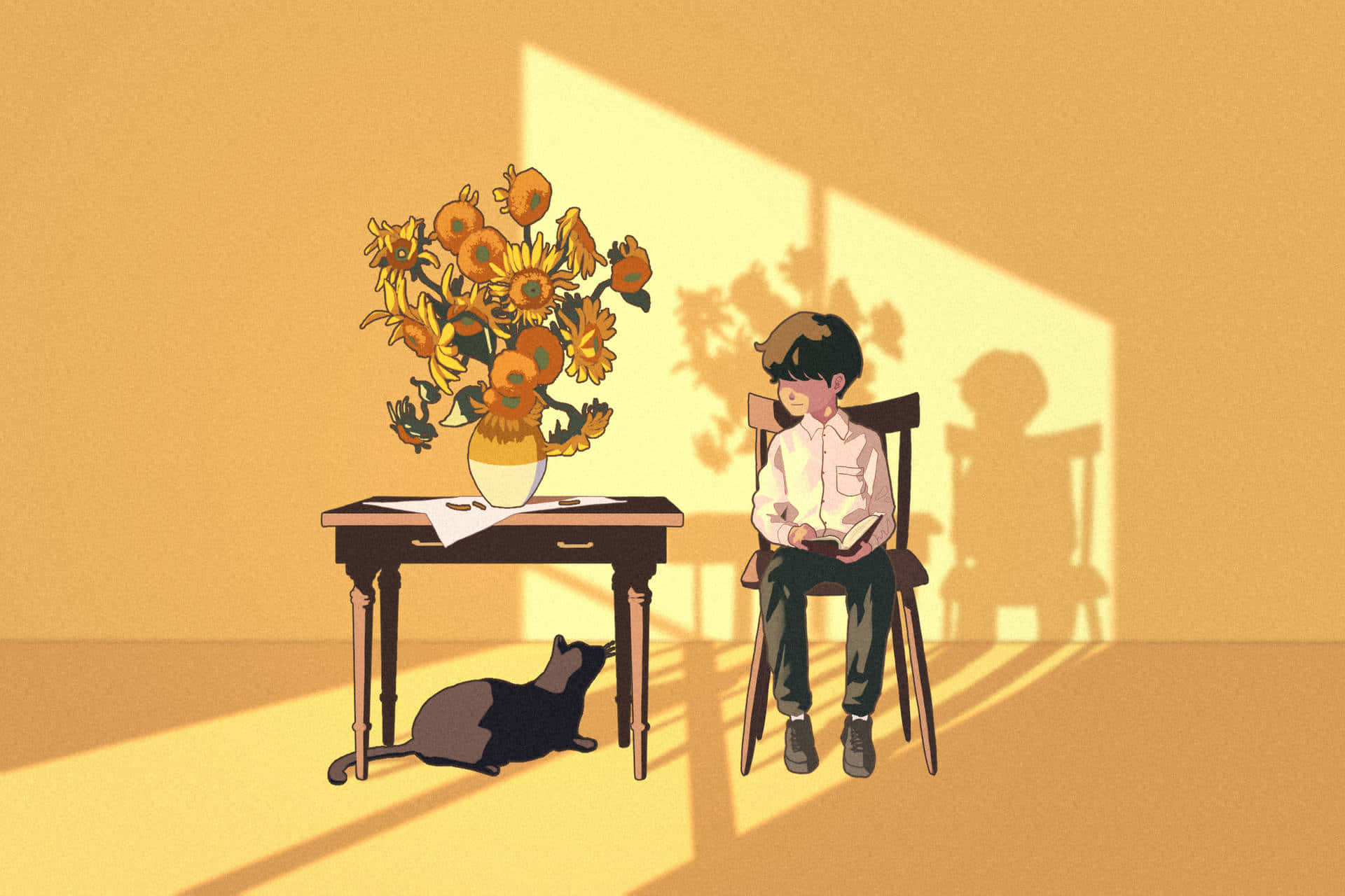 黃色美學 桌布 壁紙 — 一個男孩坐在木桌旁，旁邊放著一個向日葵花瓶，一隻貓在透過窗戶照射進來的溫暖金色陽光下休息。