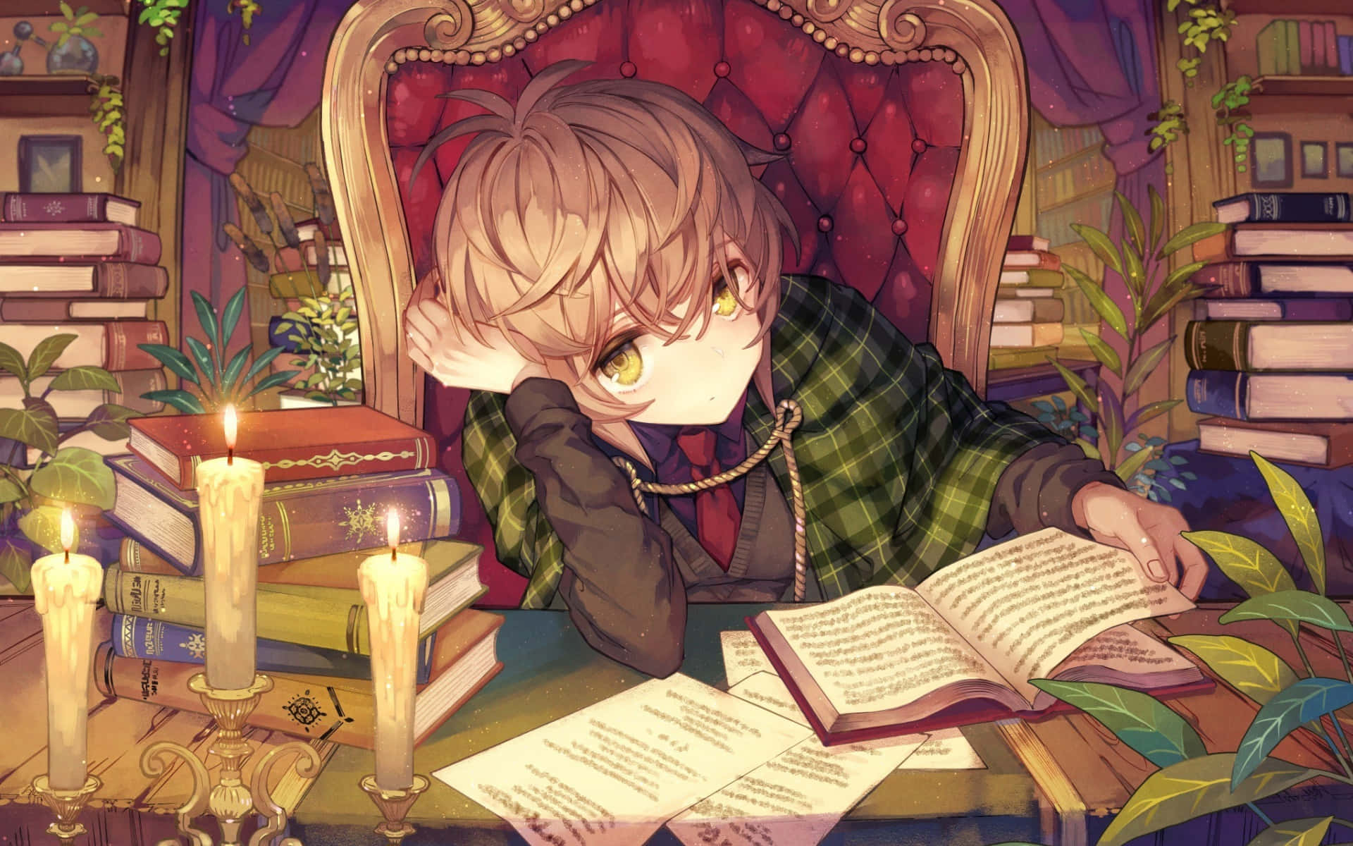 一個男孩坐在椅子上讀書 壁紙