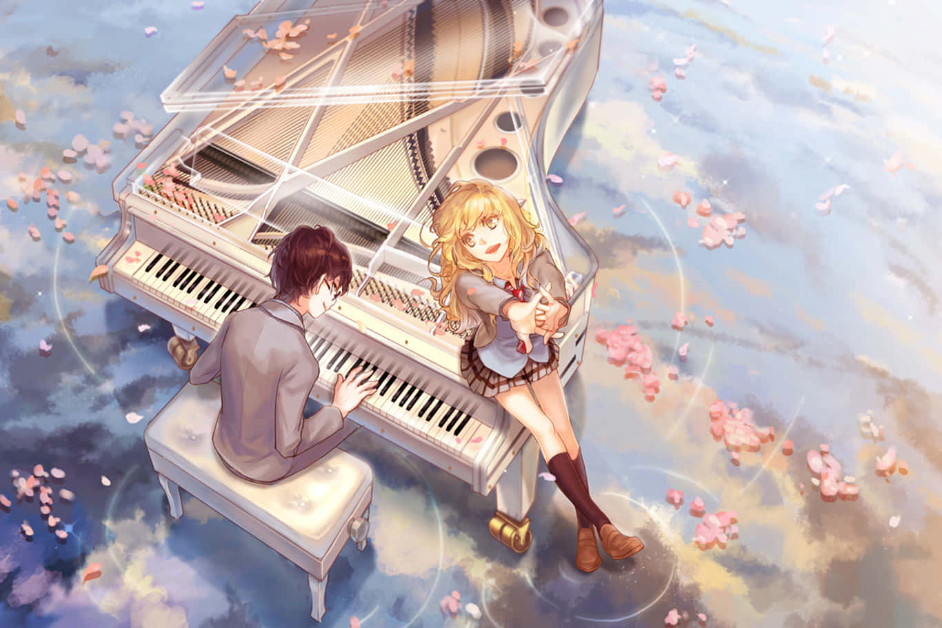 Your Lie In April 桌布 壁紙 — 一個男孩彈鋼琴，一個女孩在他身邊微笑，櫻花飄落在夢幻天空中漂浮的三角鋼琴周圍。