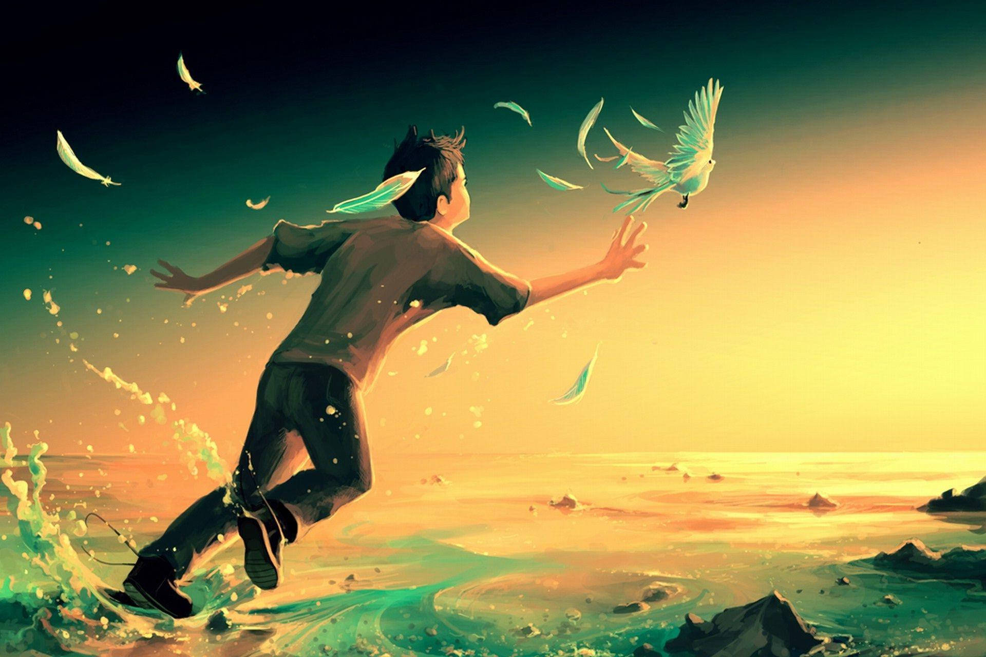 Alone Boy 桌布 壁紙 — 一個男孩穿過發光的水奔跑，追逐一隻鳥，羽毛在夕陽的天空中飄浮。