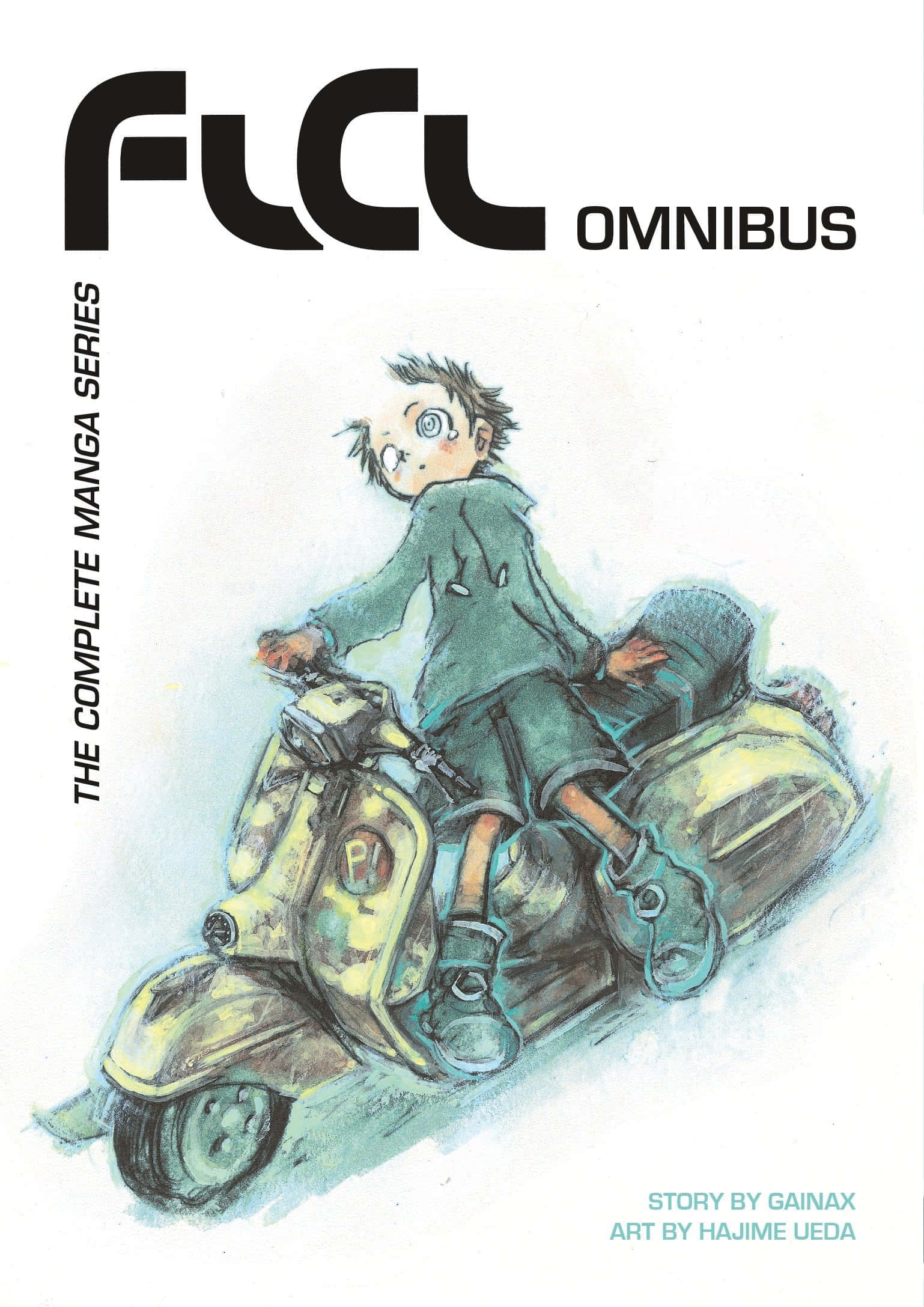 Flcl 桌布 壁紙 — 一個男孩騎著黃色滑板車，睜大眼睛，穿著綠色外套，在白色背景上的漫畫封面插圖。