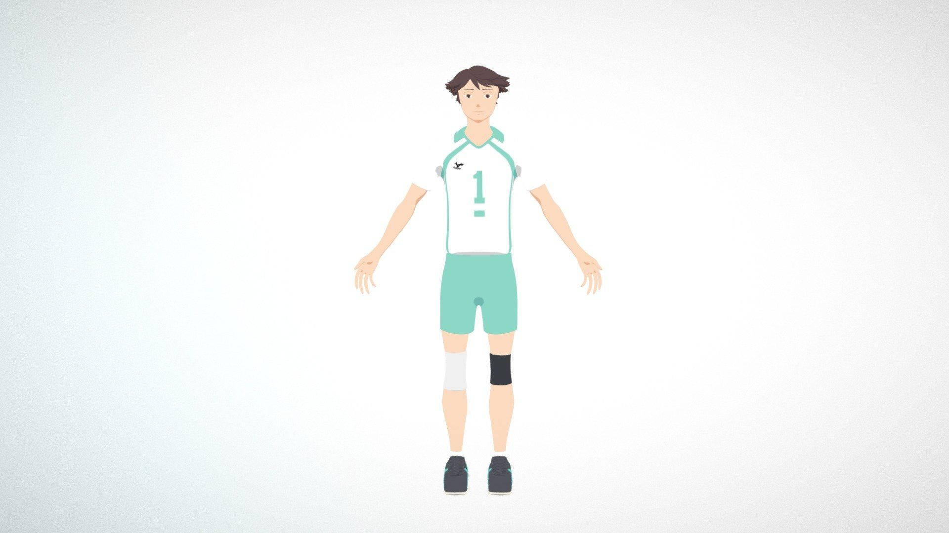 toru oikawa 桌布 壁紙 — 一個男性排球運動員穿著青綠色和白色制服，站在純白色背景上的極簡插圖。