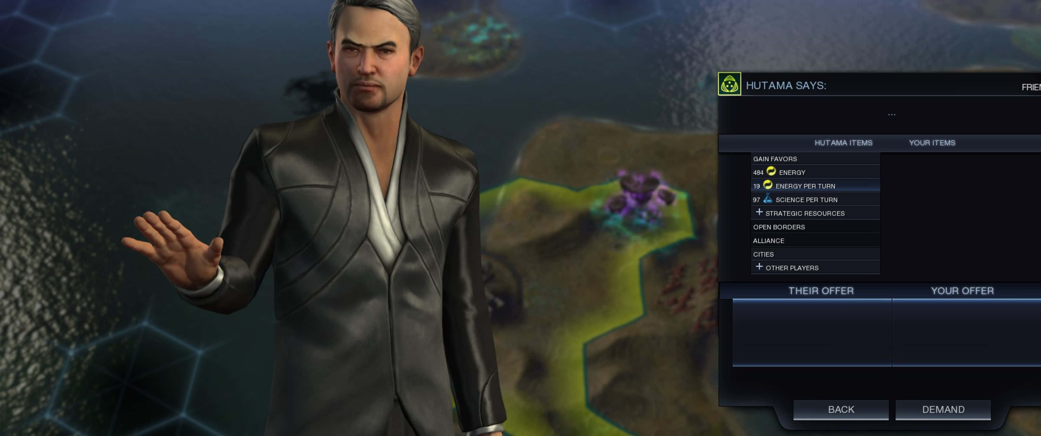 1440p Civilization Beyond Earth 桌布 壁紙 — 一個男性遊戲角色穿著時尚黑色西裝，在帶有發光六邊形地形的外交畫面中做手勢。