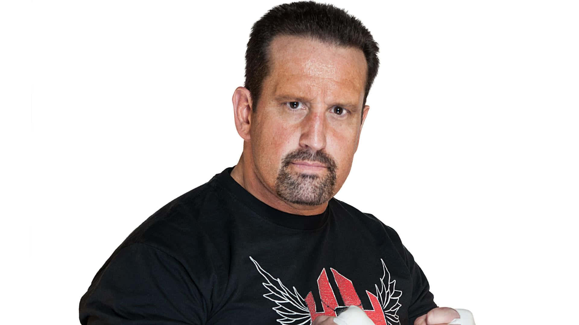 WWE 桌布 壁紙 — 一個留山羊鬍、短黑髮的男人，在純白背景前穿著印有紅白翼標誌的黑色T恤。