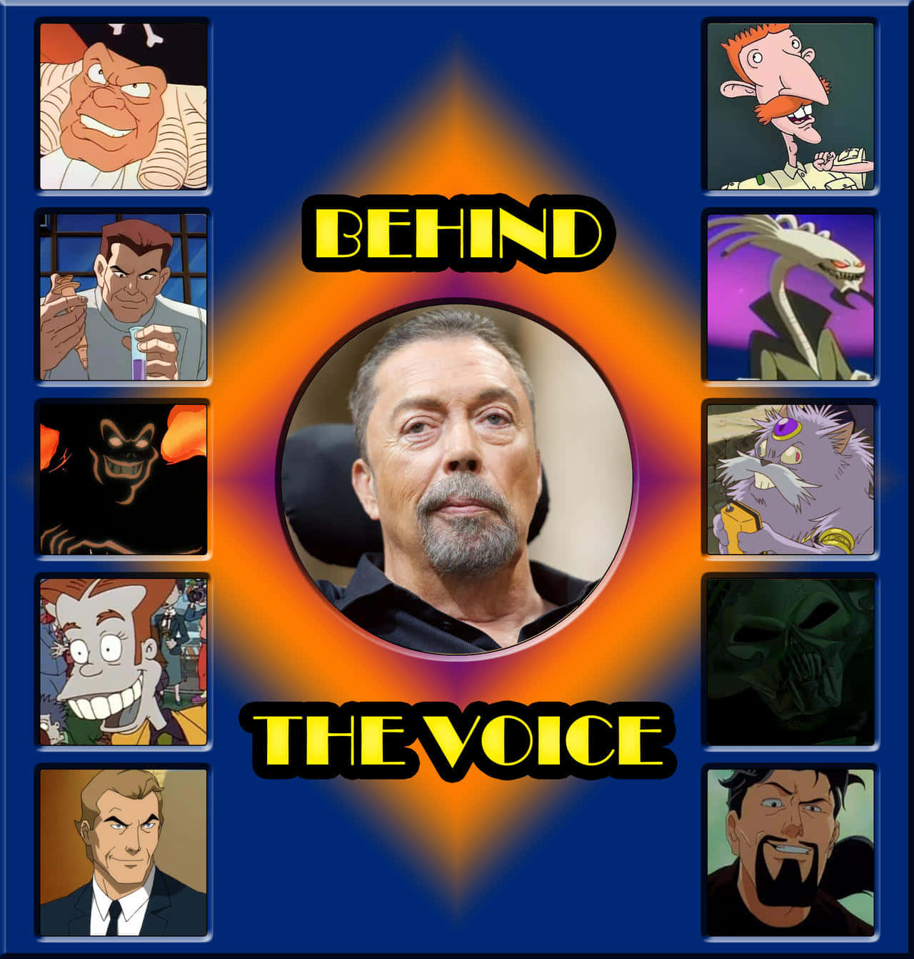 Tim Curry 桌布 壁紙 — 一個留山羊鬍的男人坐在藍色框內，被九個動畫角色包圍，中央是發光的橙色爆發。