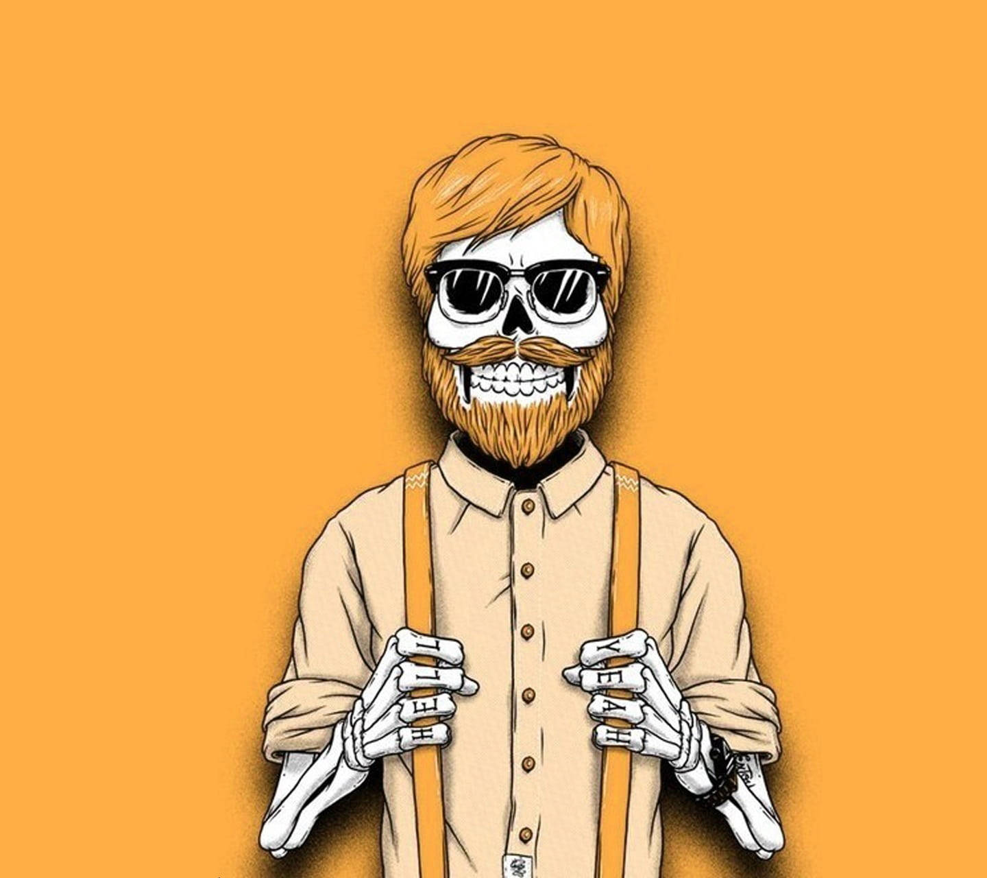 beard 桌布 壁紙 — 一個留著大鬍子、戴著太陽眼鏡的骷髏自信地站在橙色背景前，穿著吊帶褲和鈕扣襯衫。