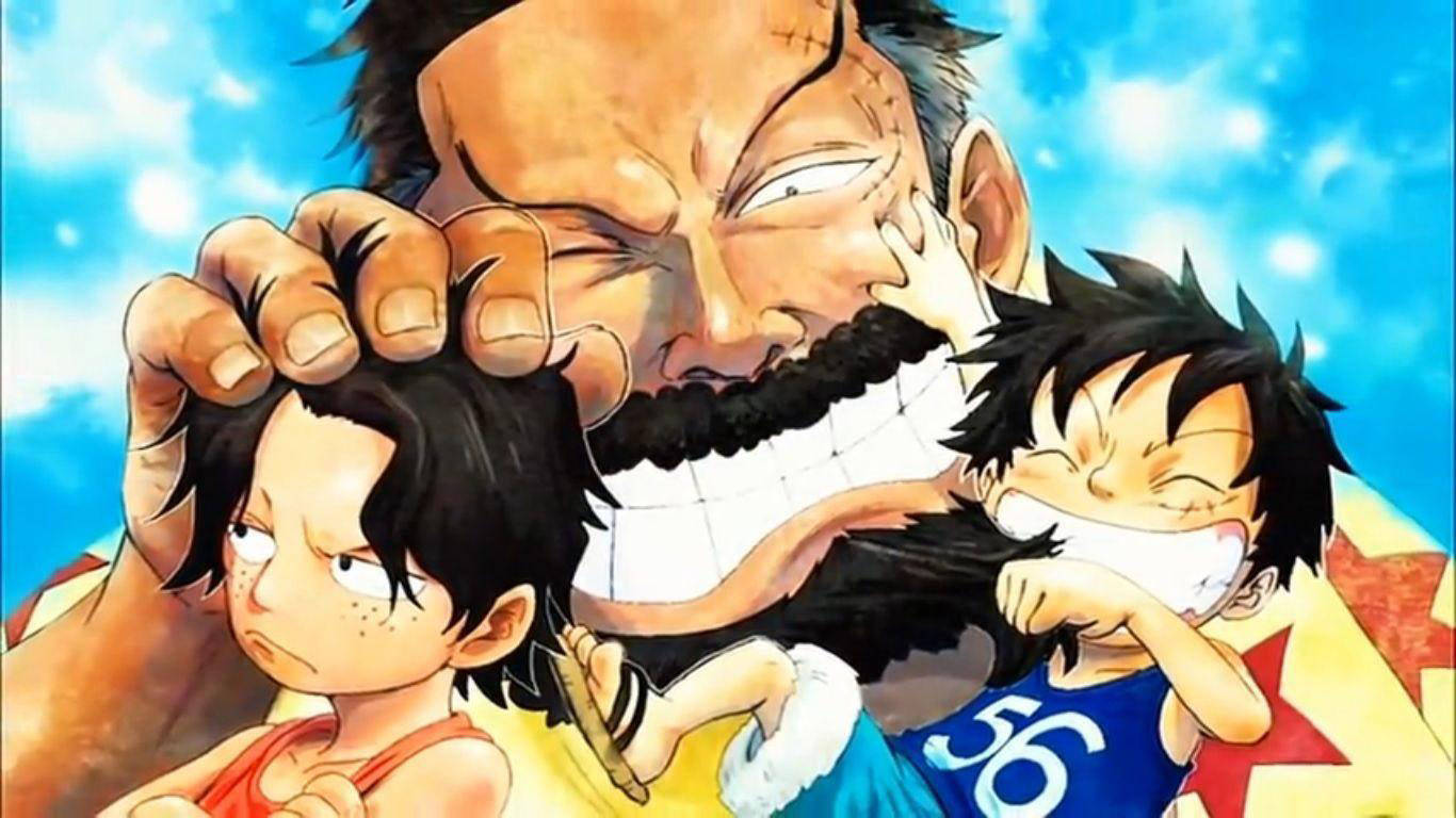 Garp 桌布 壁紙 — 一個留著大鬍子的巨人，咧嘴大笑，抱著兩個小男孩，一個悶悶不樂，一個開心，背景是明亮的藍天和蓬鬆的白雲。