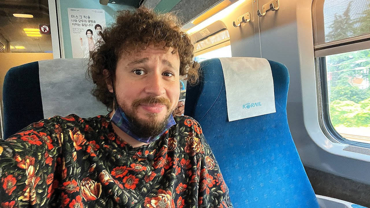 Train 桌布 壁紙 — 一個留著捲髮和鬍鬚的男人微笑著，穿著花卉圖案襯衫和口罩，坐在藍色的KORAIL火車座位上，窗外可見綠樹。