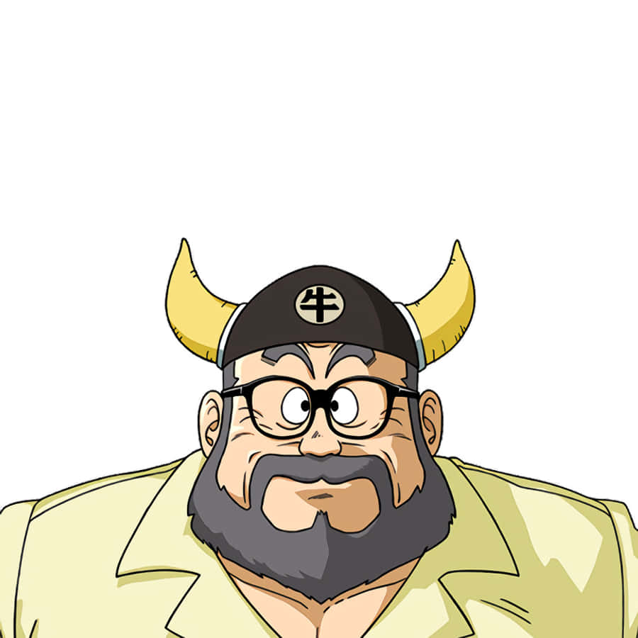 Ox King 桌布 壁紙 — 一個留著濃密鬍鬚、戴著眼鏡的卡通男人，戴著一頂帶有牛標誌的角帽，背景是純白色。