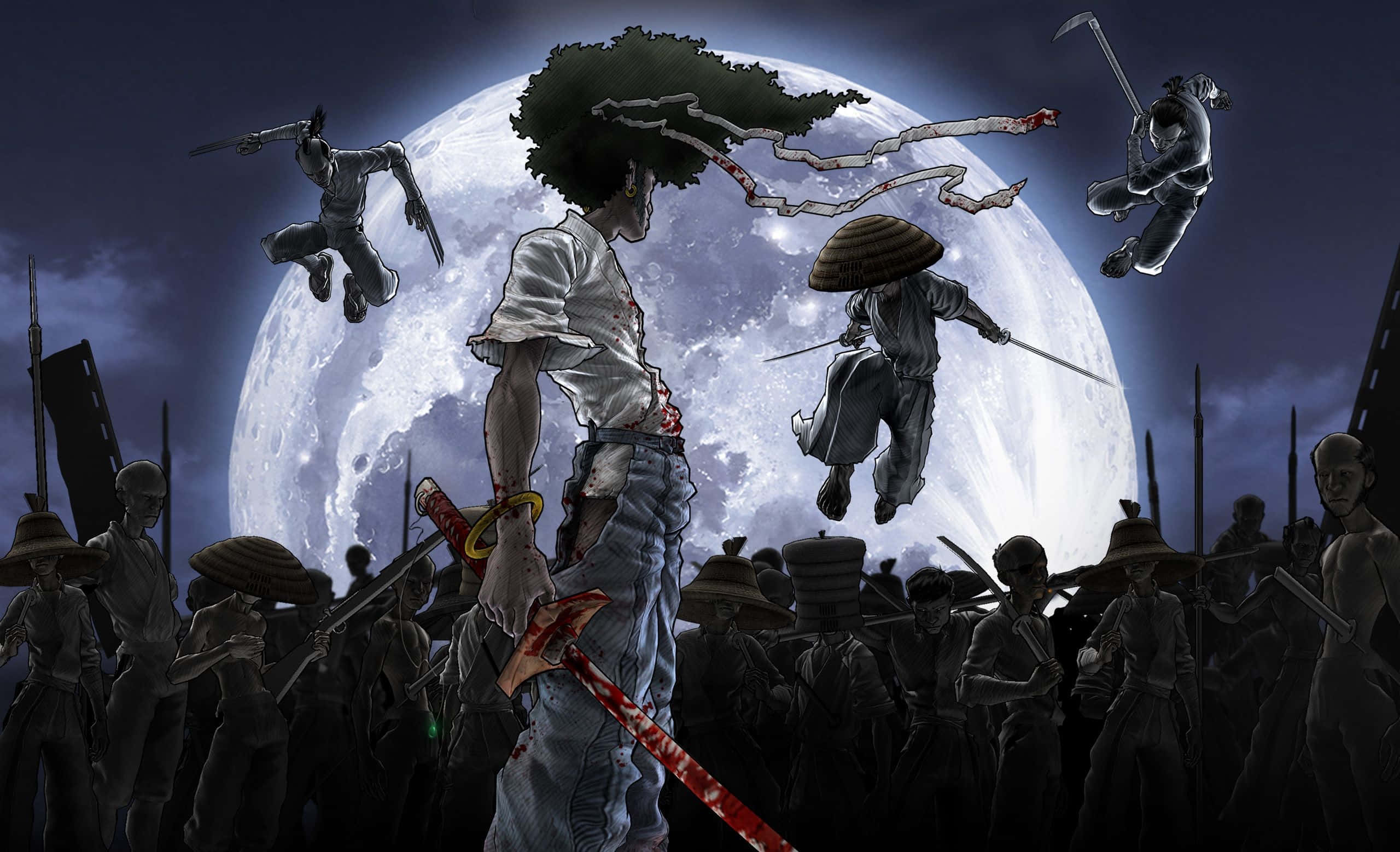 Afro Samurai 桌布 壁紙 — 一個留著爆炸頭的孤獨戰士挑釁地站在月光下的戰場前，忍者們在他周圍跳躍戰鬥。
