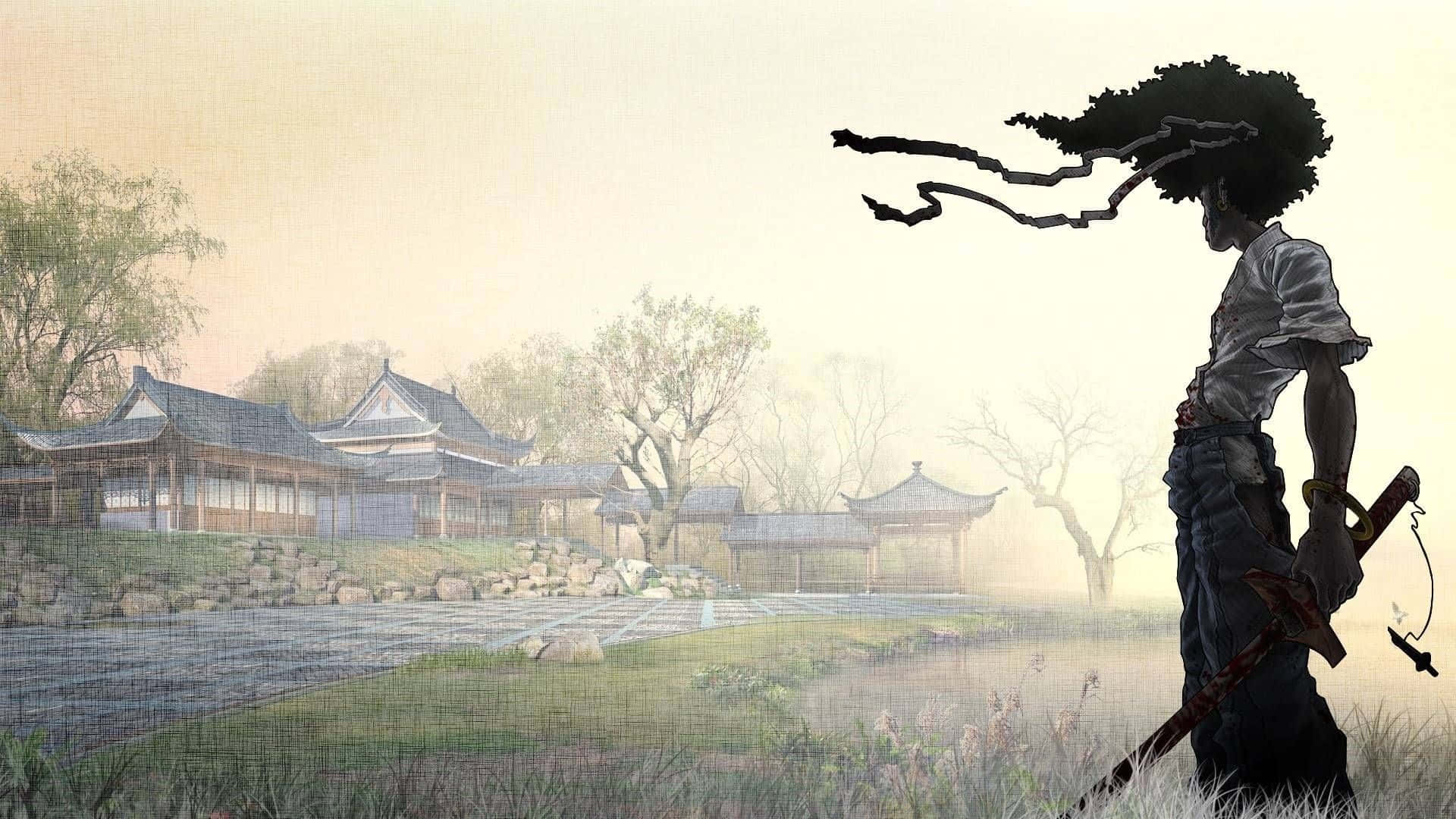 武士動畫 桌布 壁紙 — 一個留著爆炸頭的孤獨戰士站在霧氣瀰漫的草地上，手持劍面向傳統東亞建築。