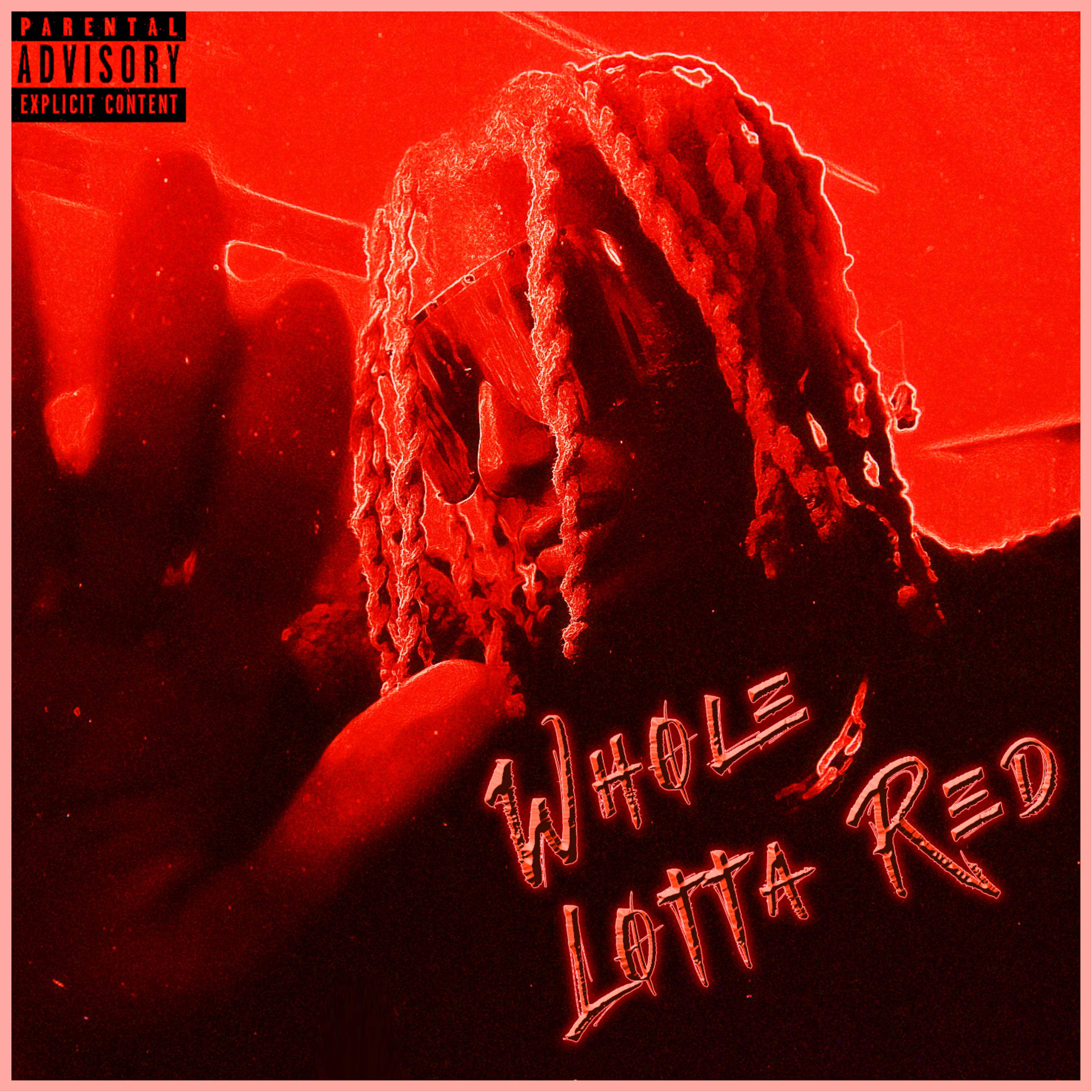 Whole Lotta Red 桌布 壁紙 — 一個留著辮子頭的人以單色紅色色調顯示，帶有「Parental Advisory」標籤和「Whole Lotta Red」文字。