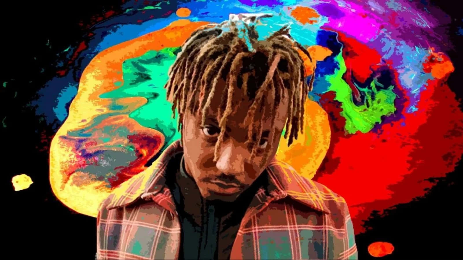 穿著格子襯衫、留著辮子頭的男人，在色彩繽紛的抽象背景前 — Juice Wrld 壁紙
