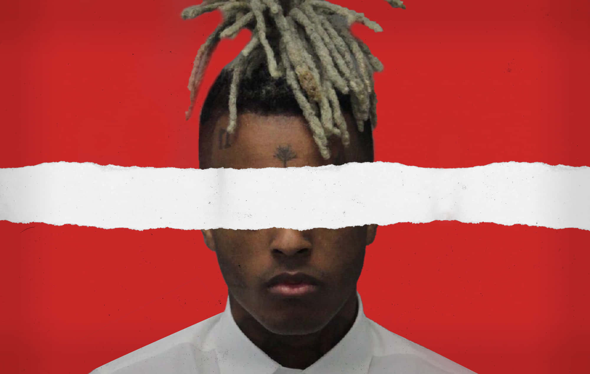 XXXTENTACION 桌布 壁紙 — 一個留著辮子頭的男人透過一條撕裂的白色條紋凝視著大膽的紅色背景。