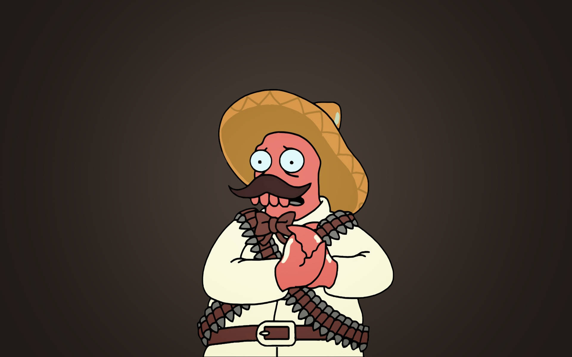 Zoidberg 桌布 壁紙 — 一個留著鬍子、戴著墨西哥帽的卡通角色，在深棕色背景上拿著一條子彈帶。