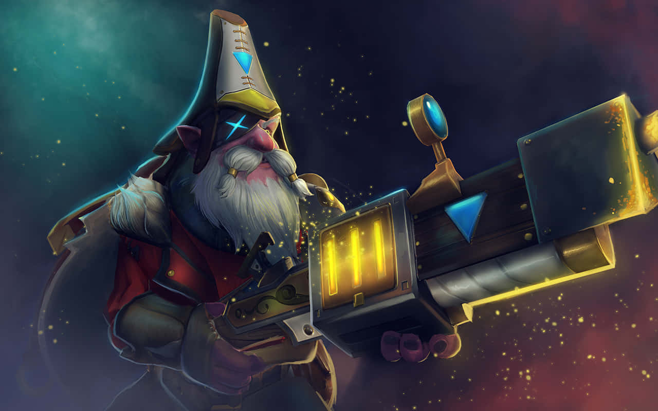 Dota 2 Sniper 桌布 壁紙 — 一個留著鬍子、戴著高帽子的地精，在星光熠熠的宇宙背景下揮舞著發光的未來武器。
