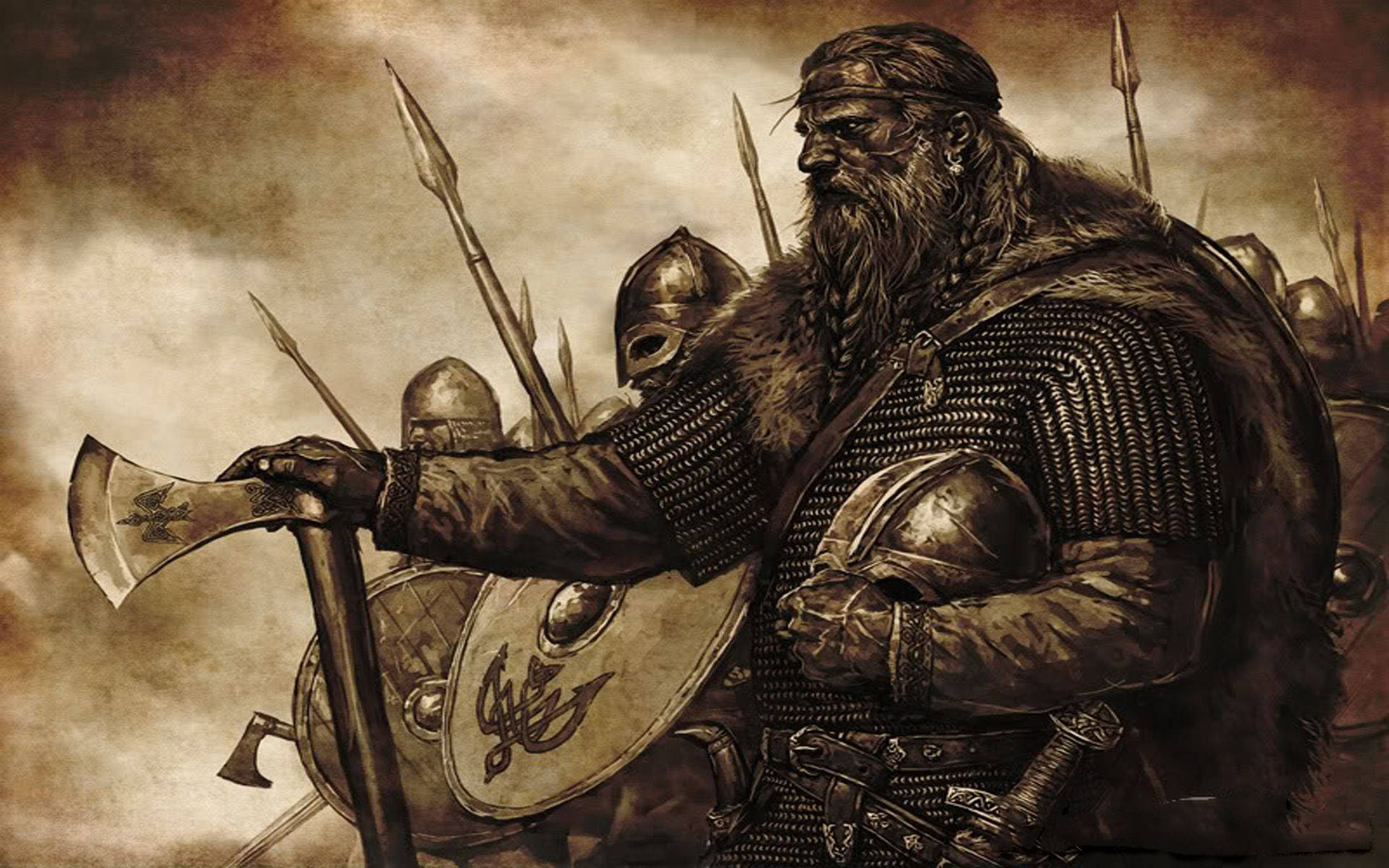 中世紀 桌布 壁紙 — 一個留著鬍子、披著毛皮斗篷的兇猛維京戰士，在暴風雨的天空下，站在他的盾牌部隊前，緊握著一把斧頭。