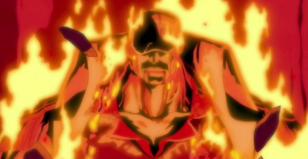 akainu 桌布 壁紙 — 一個留著鬍子的火熱動漫角色在猛烈火焰中戲劇性地近距離咆哮。