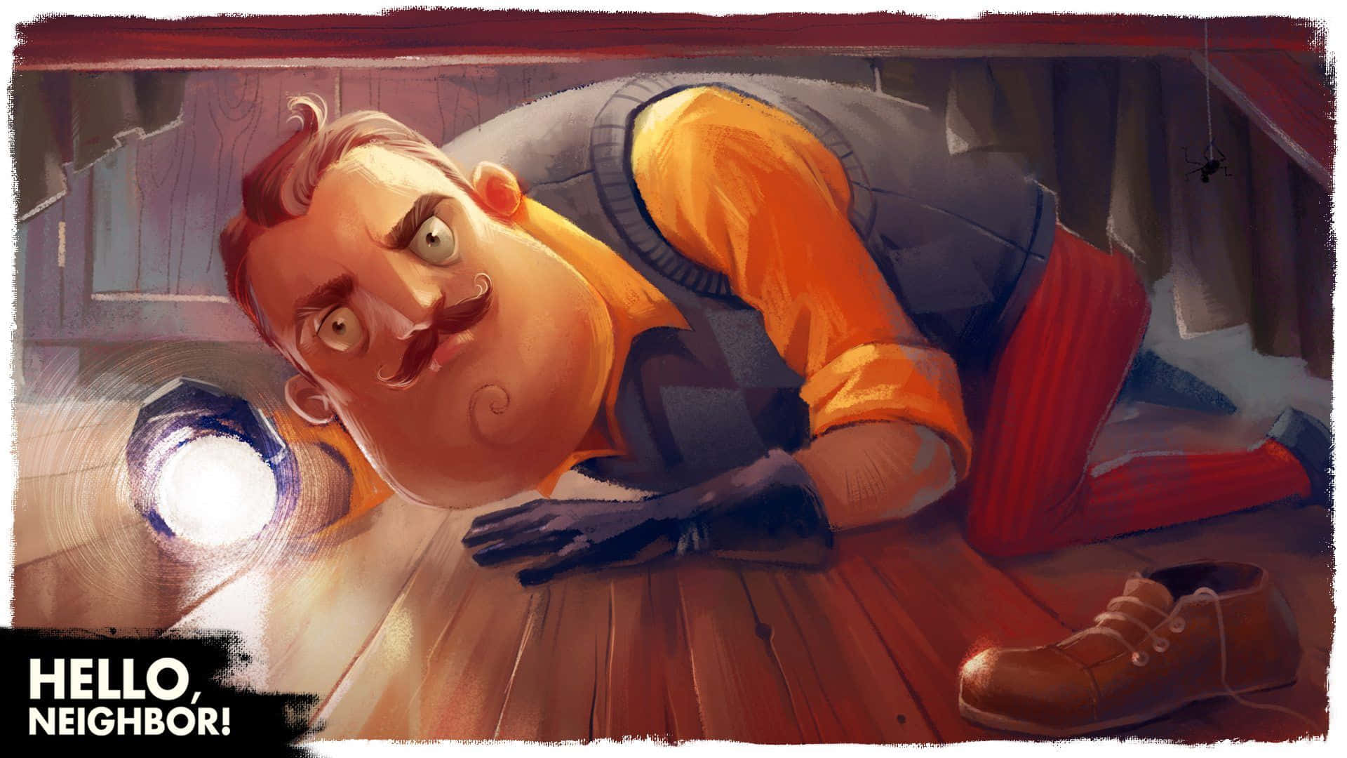 Hello Neighbor 桌布 壁紙 — 一個留著鬍子的驚嚇男人在昏暗閣樓的木地板上爬行，拿著一支手電筒。