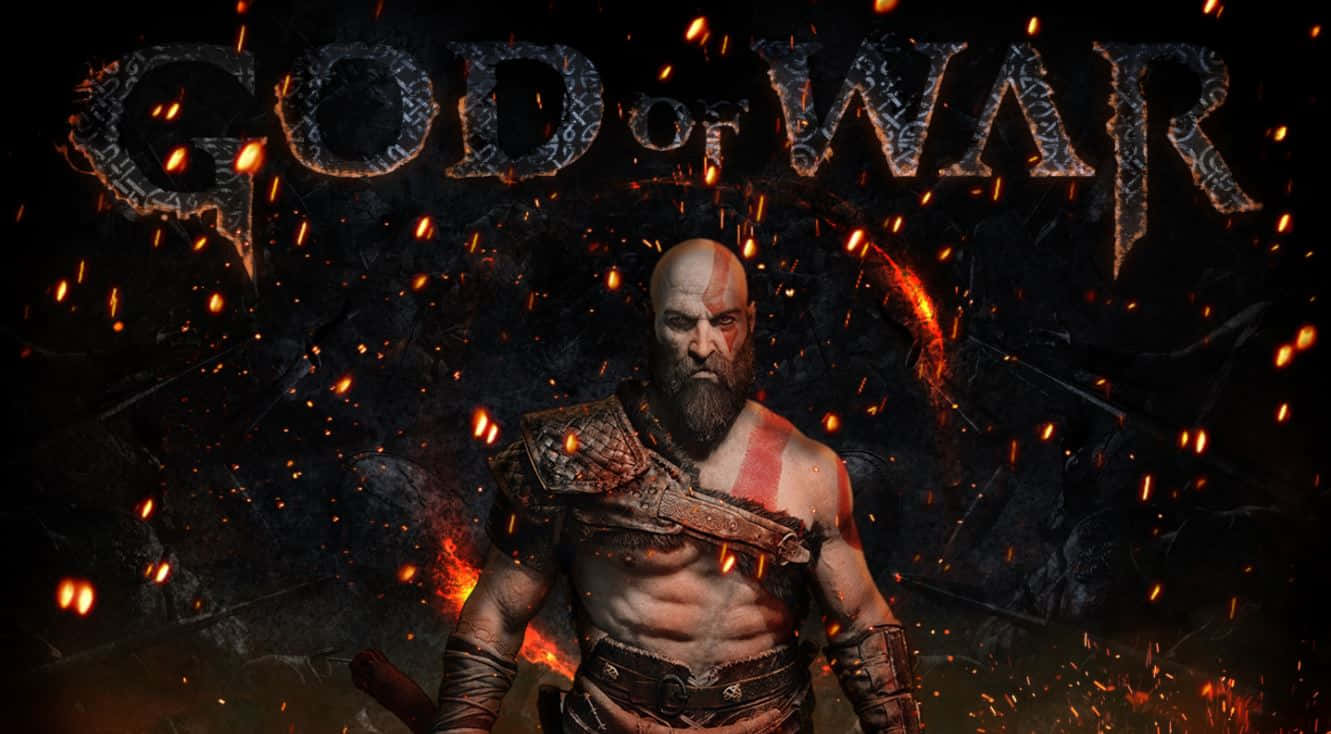 戰神 桌布 壁紙 — 一個留著鬍鬚、帶有紅色標記的肌肉戰士，在『God of War』標題周圍火花四濺中挑釁地站立。