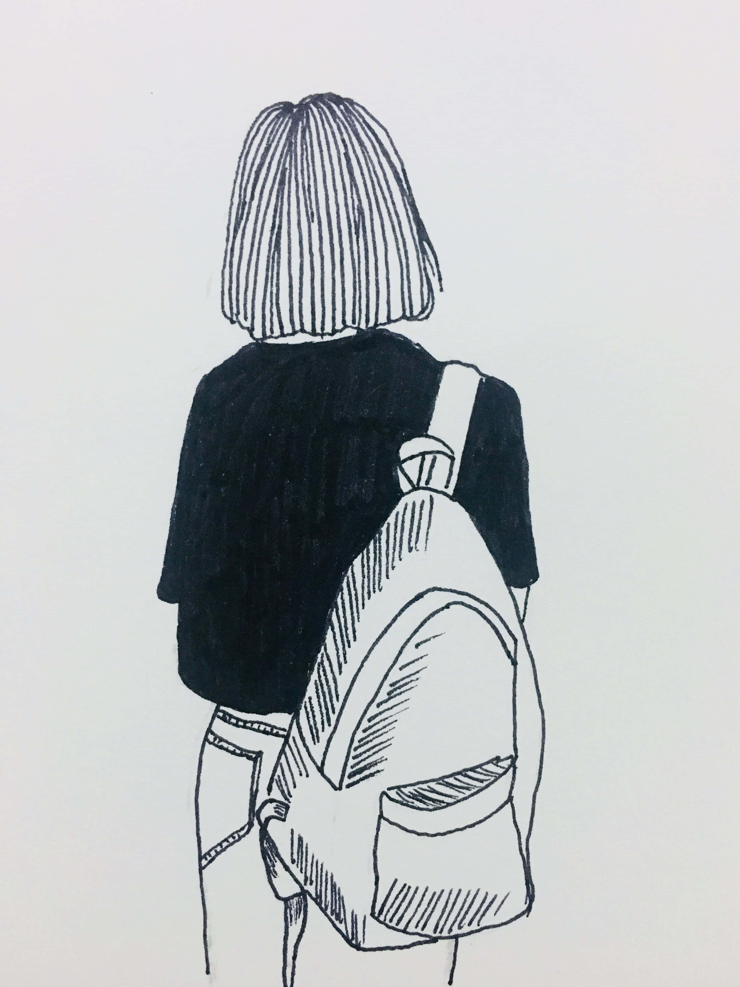 Aesthetic Drawings 桌布 壁紙 — 一個留著鮑伯頭、背著背包的人的極簡線條畫，從背後觀看。