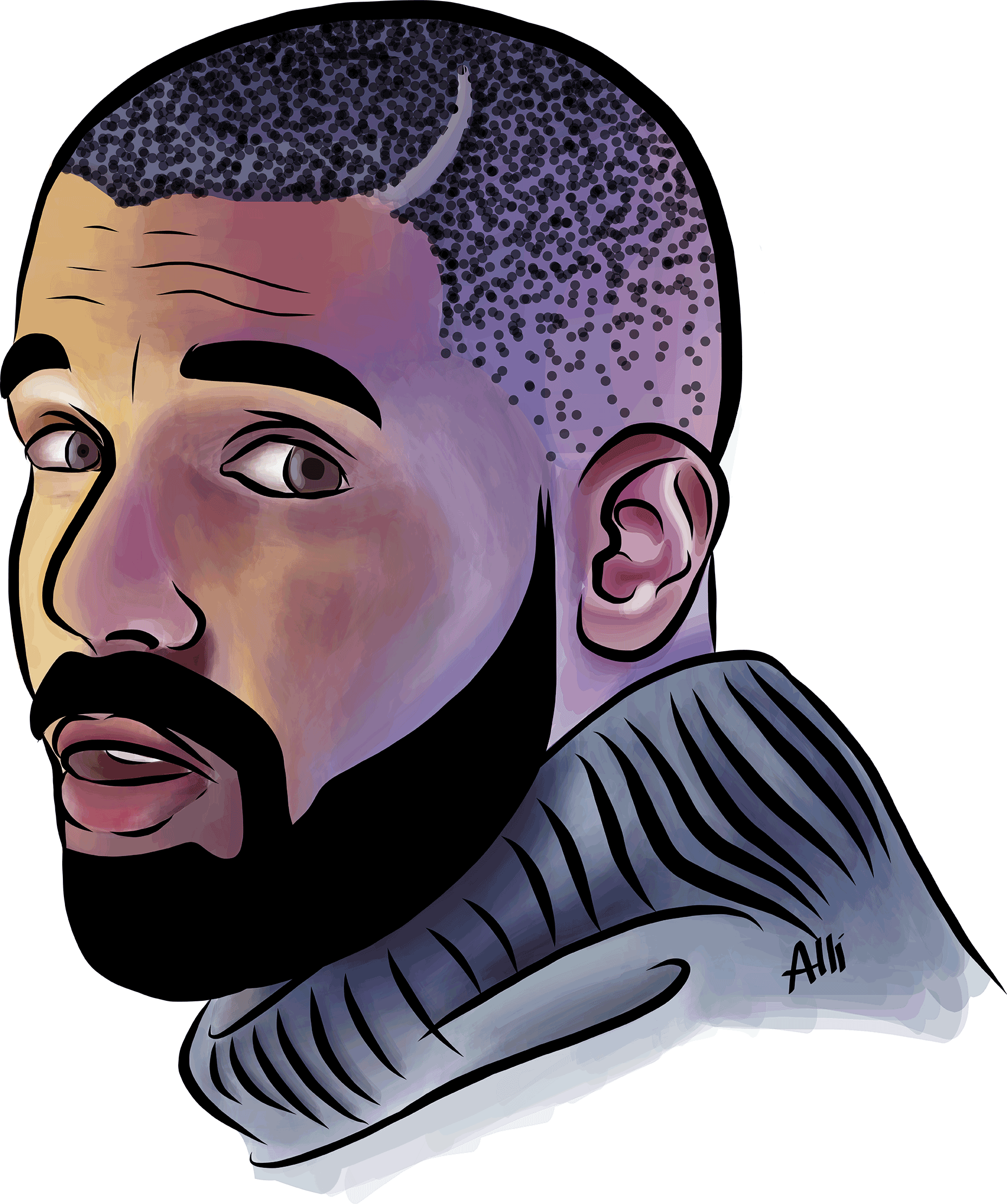 Drake 桌布 壁紙 — 一個留鬍子、短髮的男人穿著羅紋毛衣的風格化數位插圖。