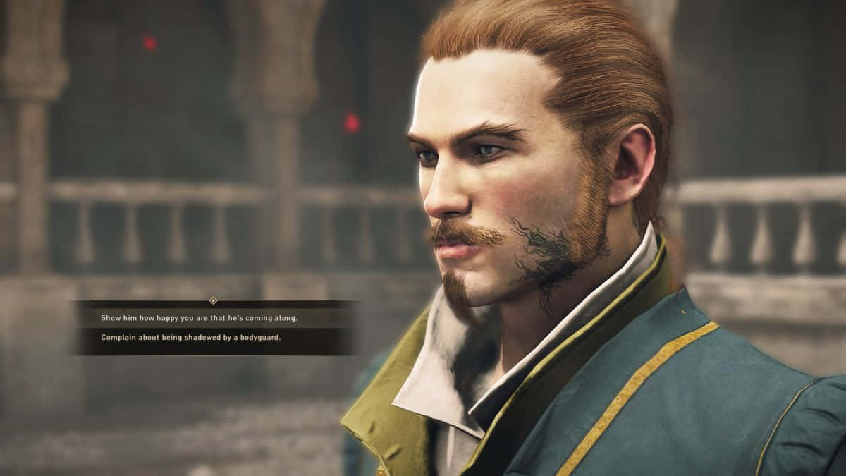 Greedfall 桌布 壁紙 — 一個留鬍子、臉頰有刺青、身穿綠色外套的男人站在石拱門中，遊戲對話選項可見。