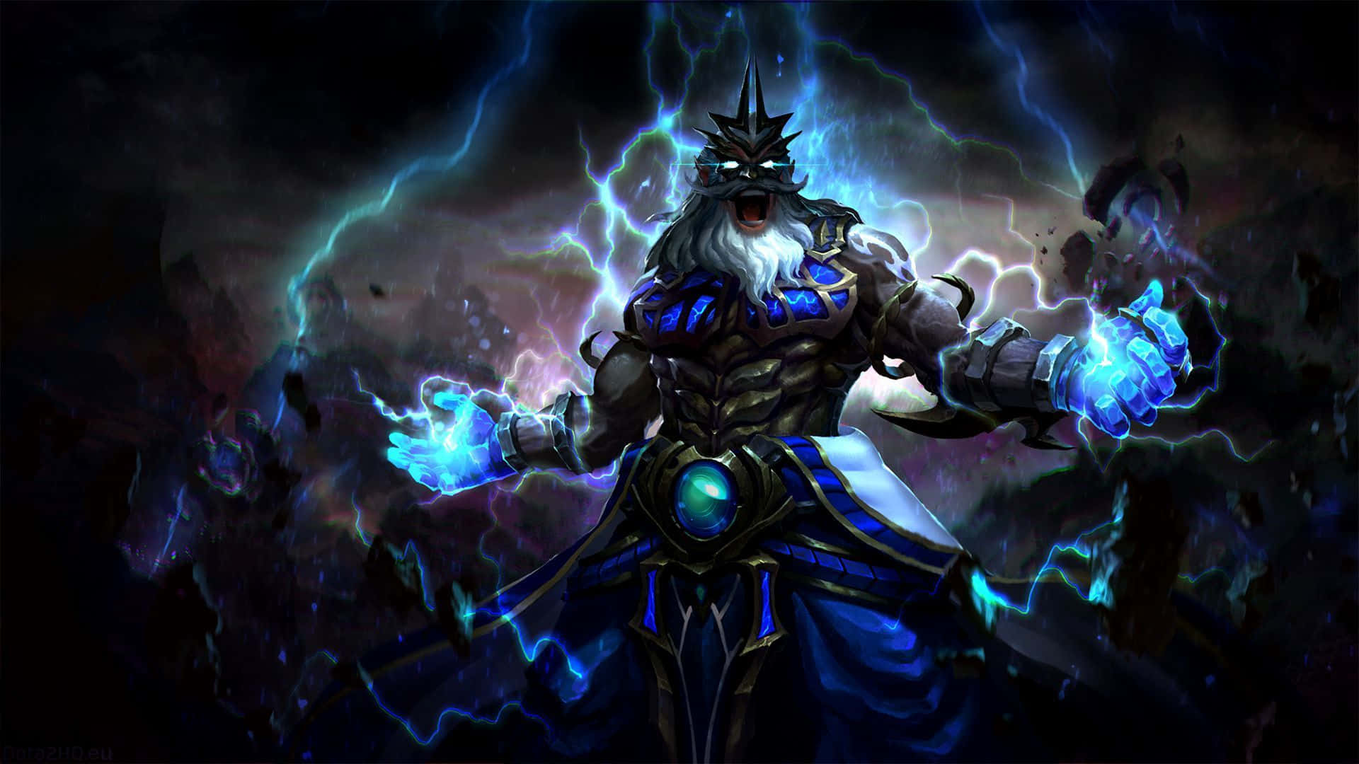 1920x1080 Dota 2 桌布 壁紙 — 一個留鬍子、身穿暗色鎧甲的戰士，正從雙手中引導噼啪作響的藍色閃電，背景是風暴般的宇宙。