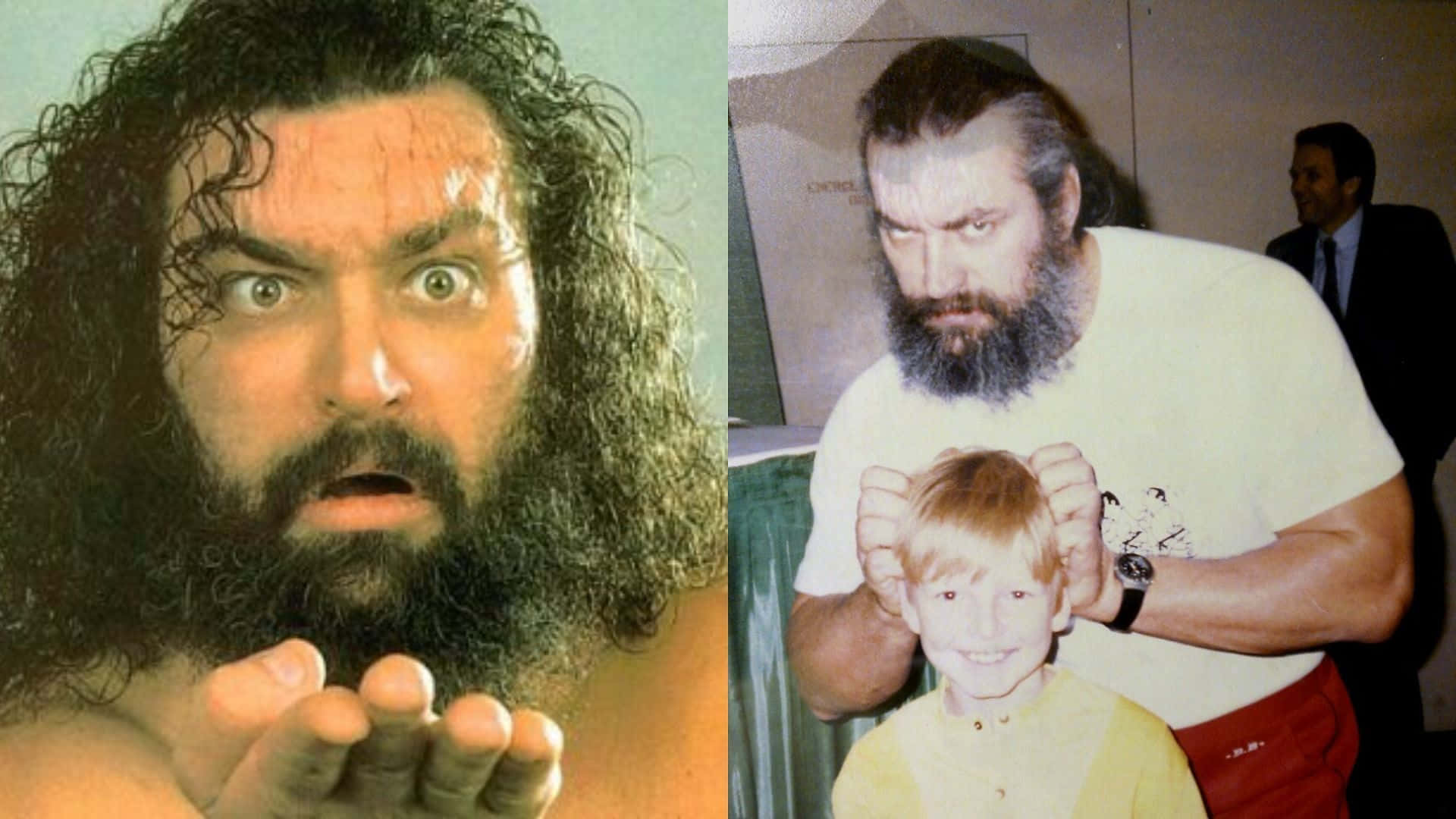 WWE 桌布 壁紙 — 一個留鬍子、頭髮蓬亂的男人的分割圖像，有兩個姿勢：一個震驚的特寫和一個抱著微笑的孩子。