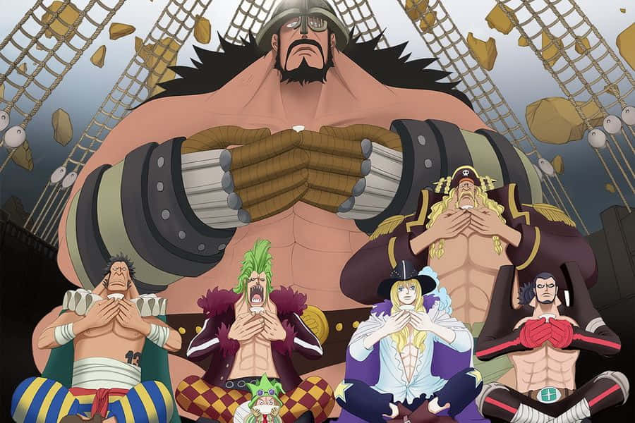Alabasta 桌布 壁紙 — 一個留鬍子戴帽子的巨型肌肉海盜，在掉落的碎片和船具中，籠罩著五個較小的海盜，他們都震驚地捂住嘴巴。