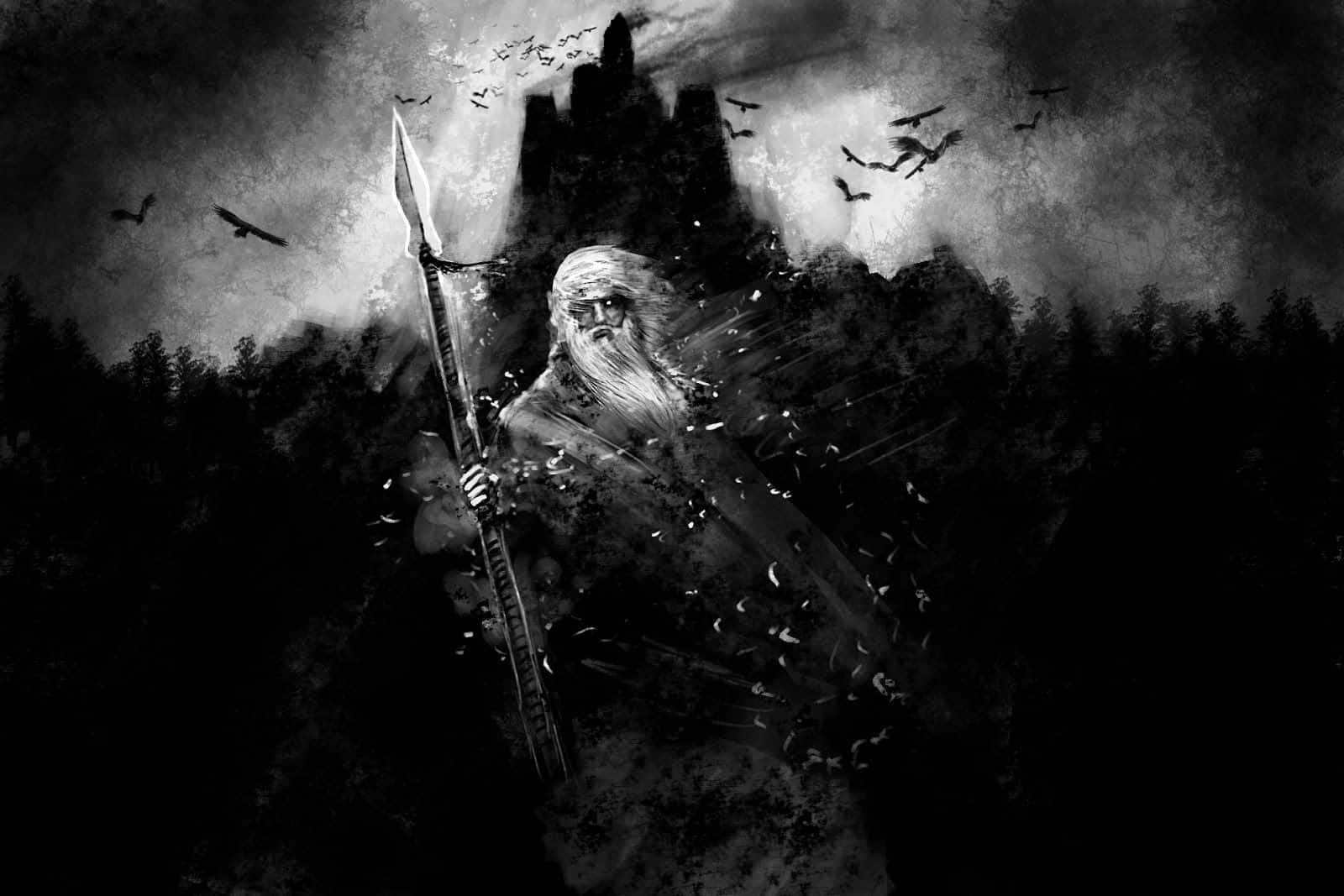 Norse Mythology 桌布 壁紙 — 一個留鬍子的戰士拿著長矛站在黑暗城堡前，鳥兒在暴風雨中飛翔。