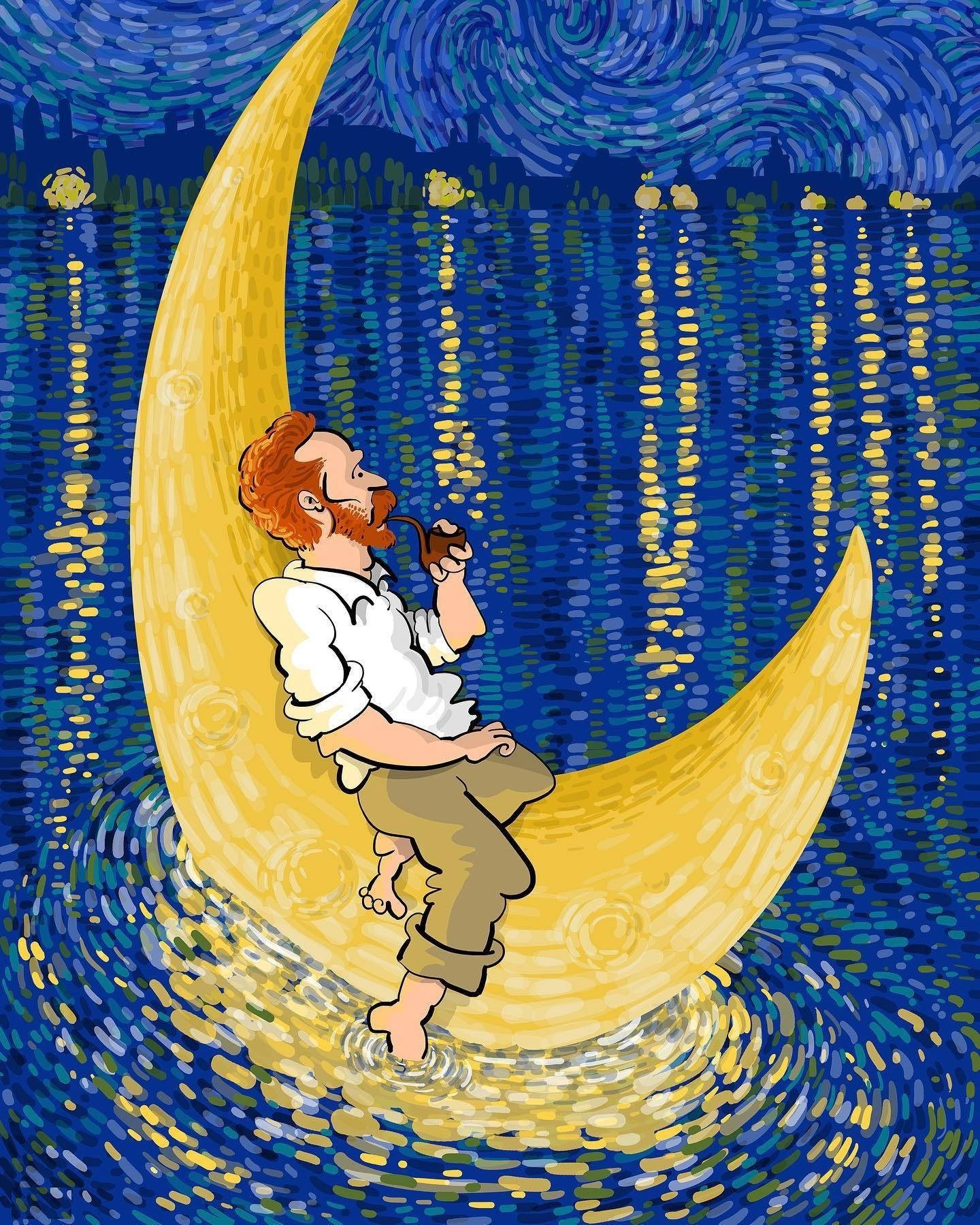 Vincent 桌布 壁紙 — 一個留鬍子的男人，穿著白襯衫和棕色褲子，平靜地坐在新月上抽煙斗，背景是旋轉的藍色夜空，點綴著黃色星星。