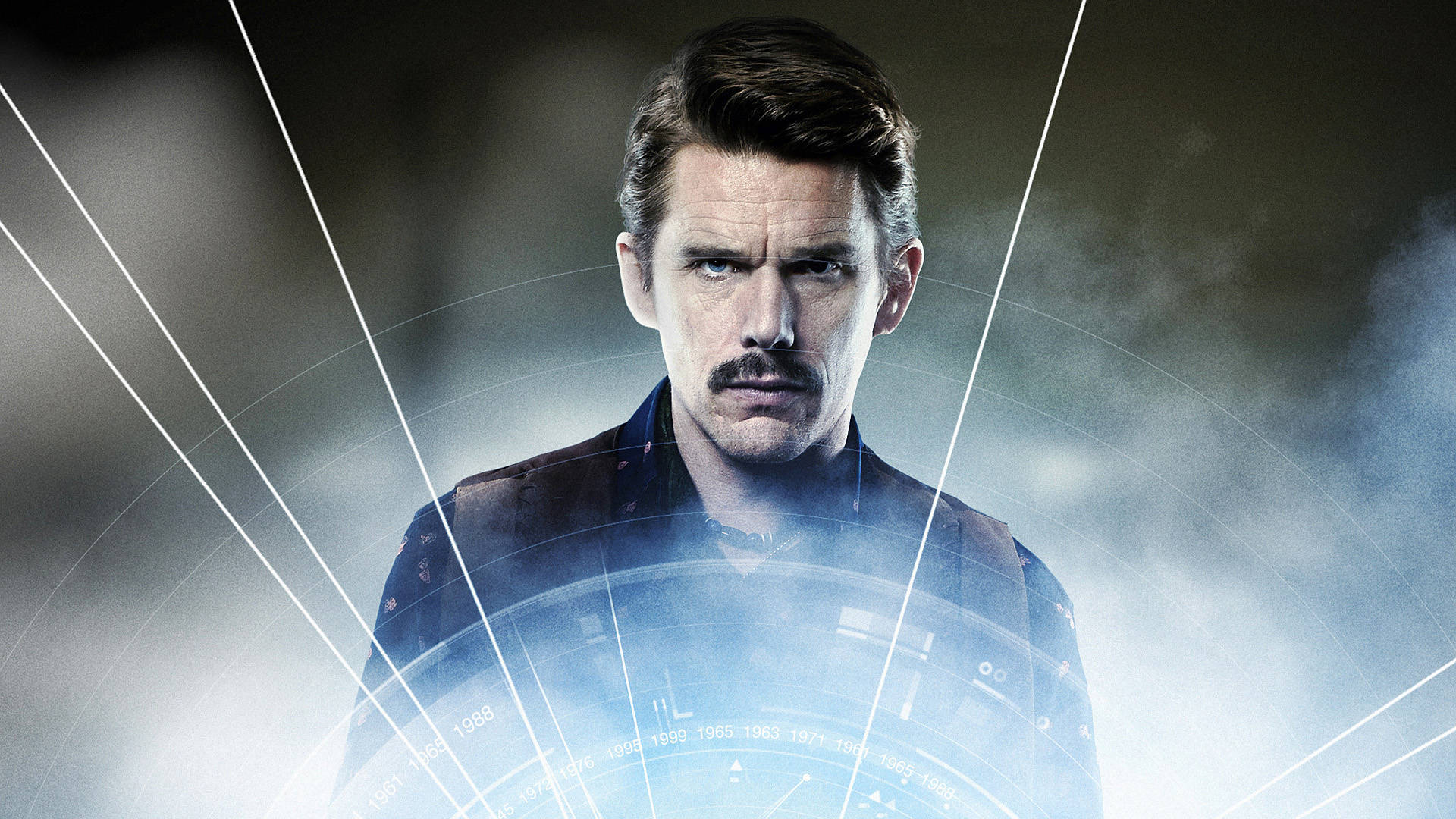 ethan hawke 桌布 壁紙 — 一個留鬍子的男人在煙霧瀰漫、昏暗的環境中，透過發光的未來全息界面凝視著。
