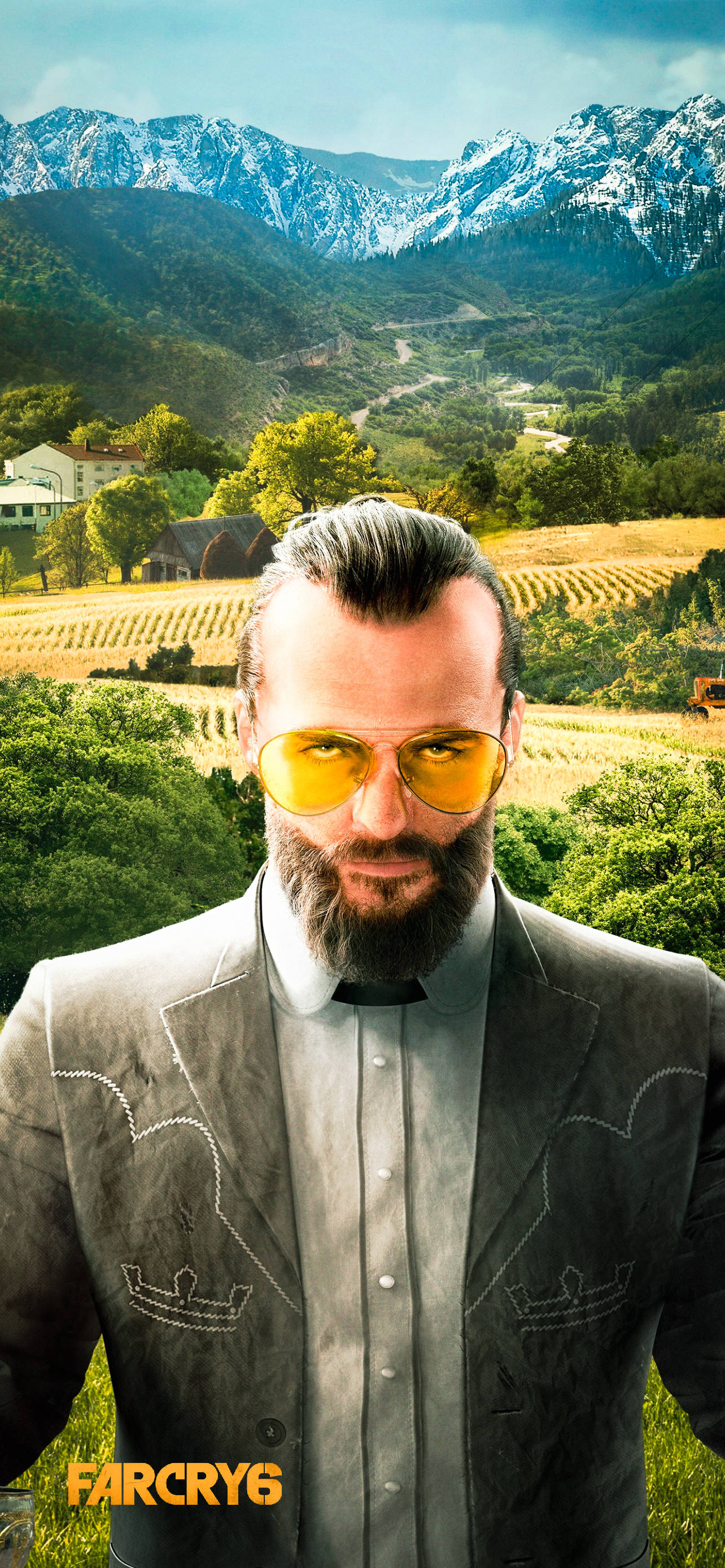 far cry iPhone 桌布 壁紙 — 一個留鬍子的男人戴著黃色太陽眼鏡，站在陽光明媚的山谷中，背後是白雪覆蓋的山峰。